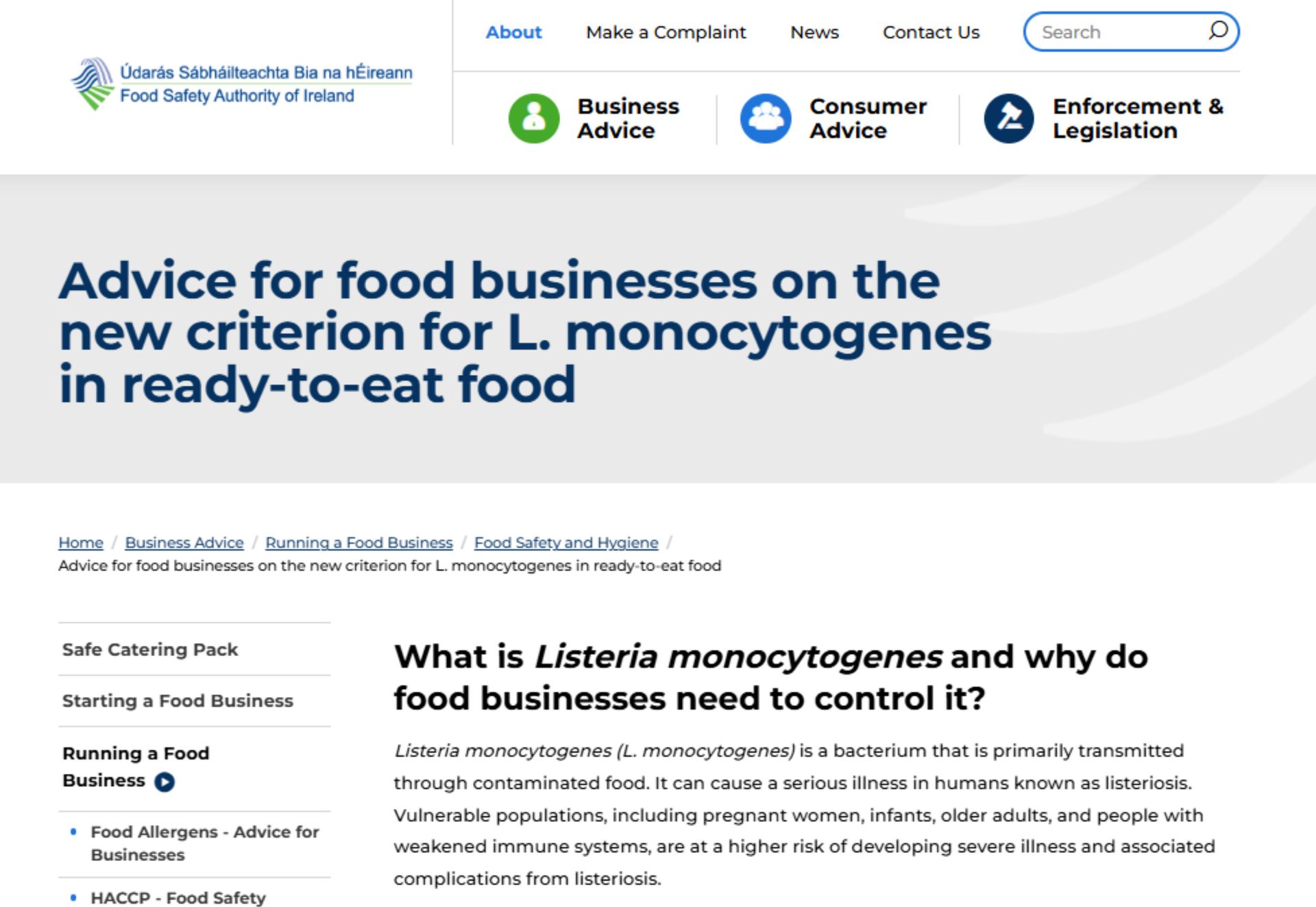 Website page with advice for food businesses on Listeria monocytogenes in ready-to-eat food.
