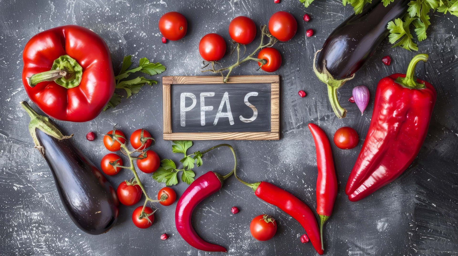 Red bell peppers, chili peppers, eggplants, and cherry tomatoes arranged around a "PFAS" sign.