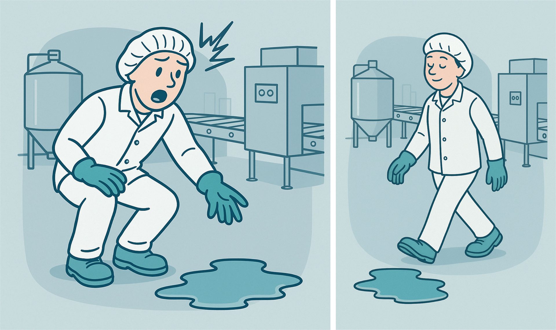 A worker reacts to a floor spill, while another walks past safely, emphasizing workplace hazard awareness.