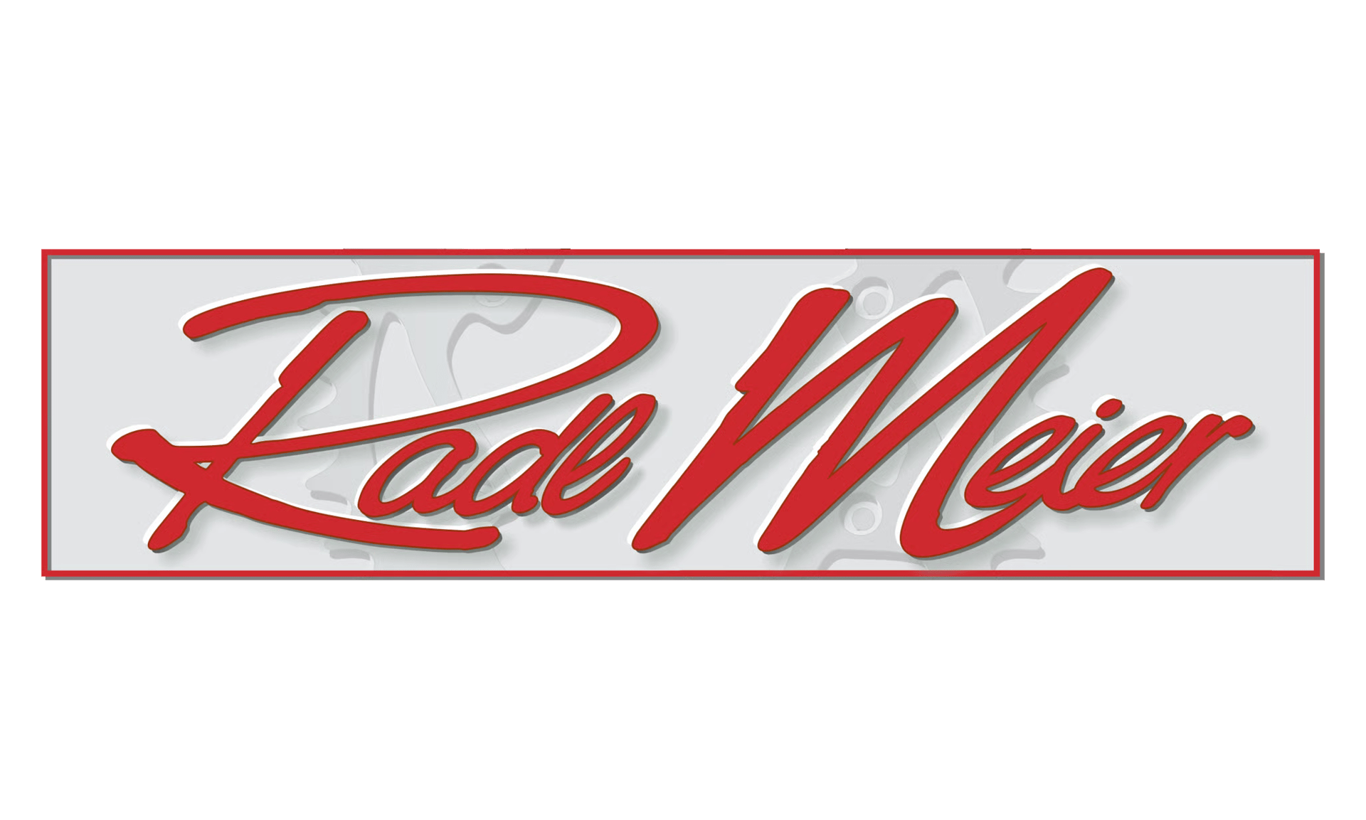 Logo featuring the name "Rade Meier" in a stylized red script font on a light gray rectangular background.