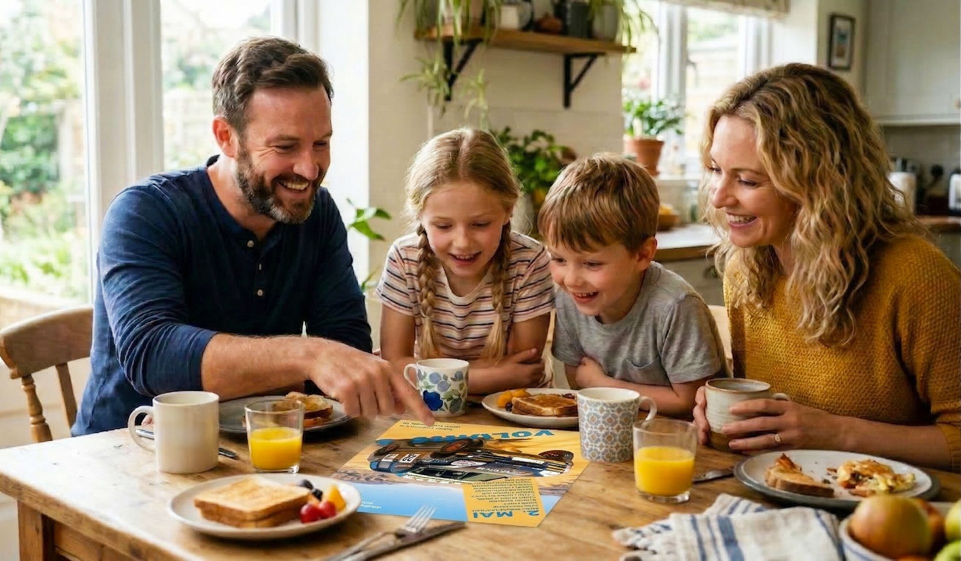 A happy family of four at a breakfast table, looking at a flyer with a car on it.