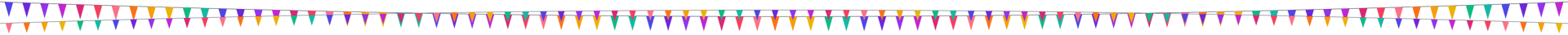 Two wavy garlands of colorful triangular flags hanging against a white background.