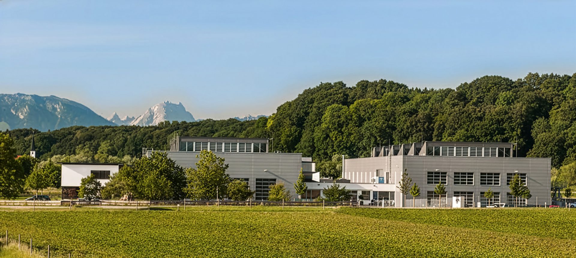 Modern buildings with green fields, a dense forest, and distant mountains under a clear sky.