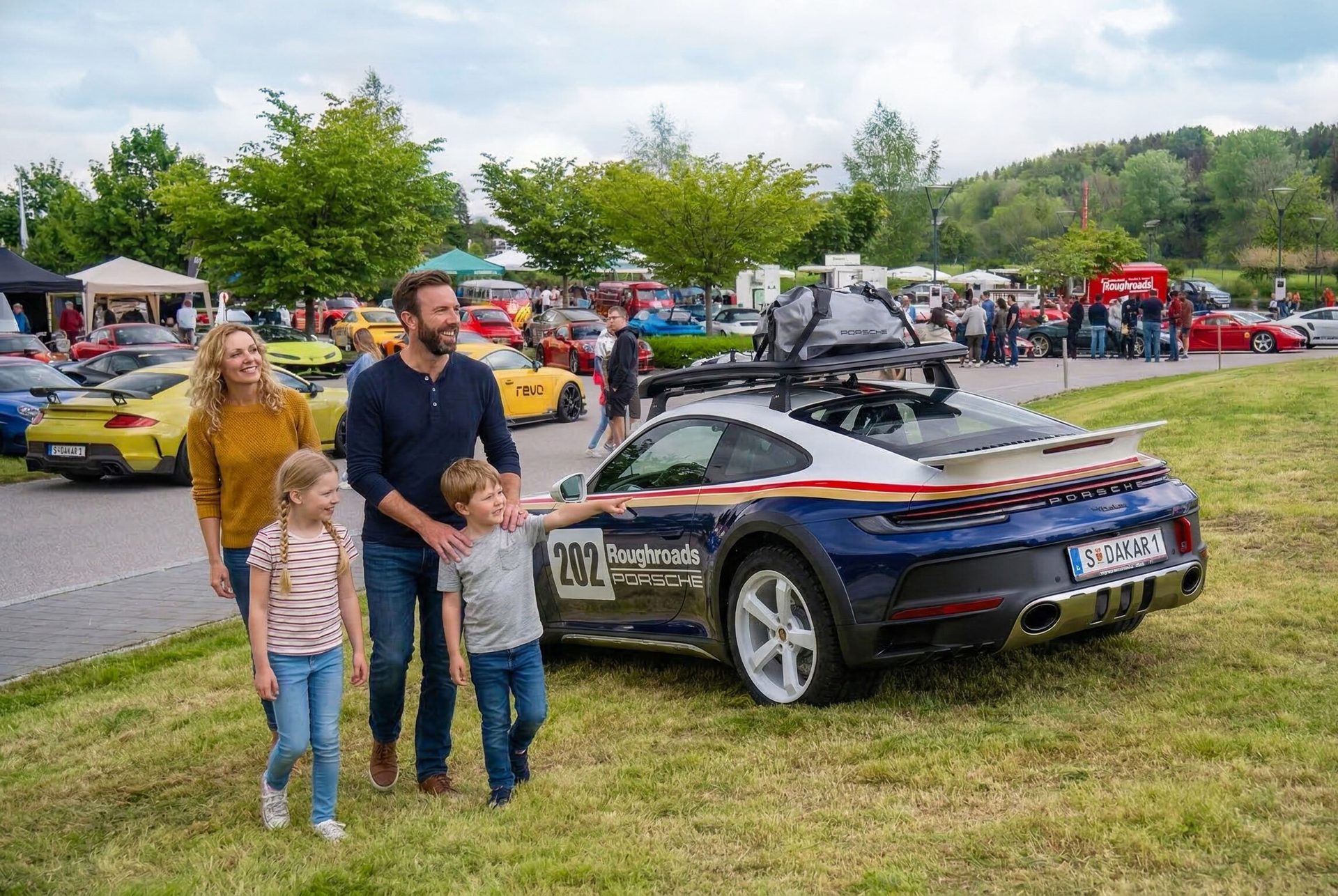 A family of four admires a blue and white Porsche 911 Dakar at an outdoor car show.