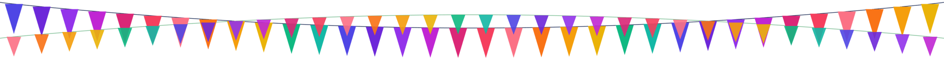 Two lines of colorful triangular pennant banners in various bright colors, ideal for festive decorations.