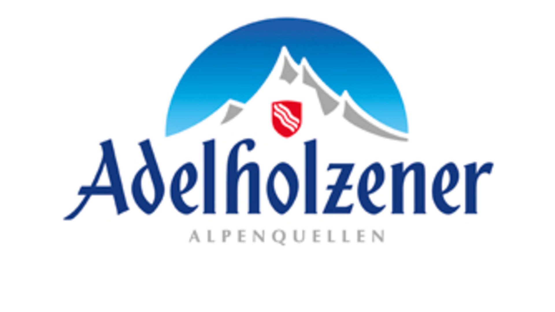 Adelholzener Alpenquellen logo: mountains, blue sky, red shield.