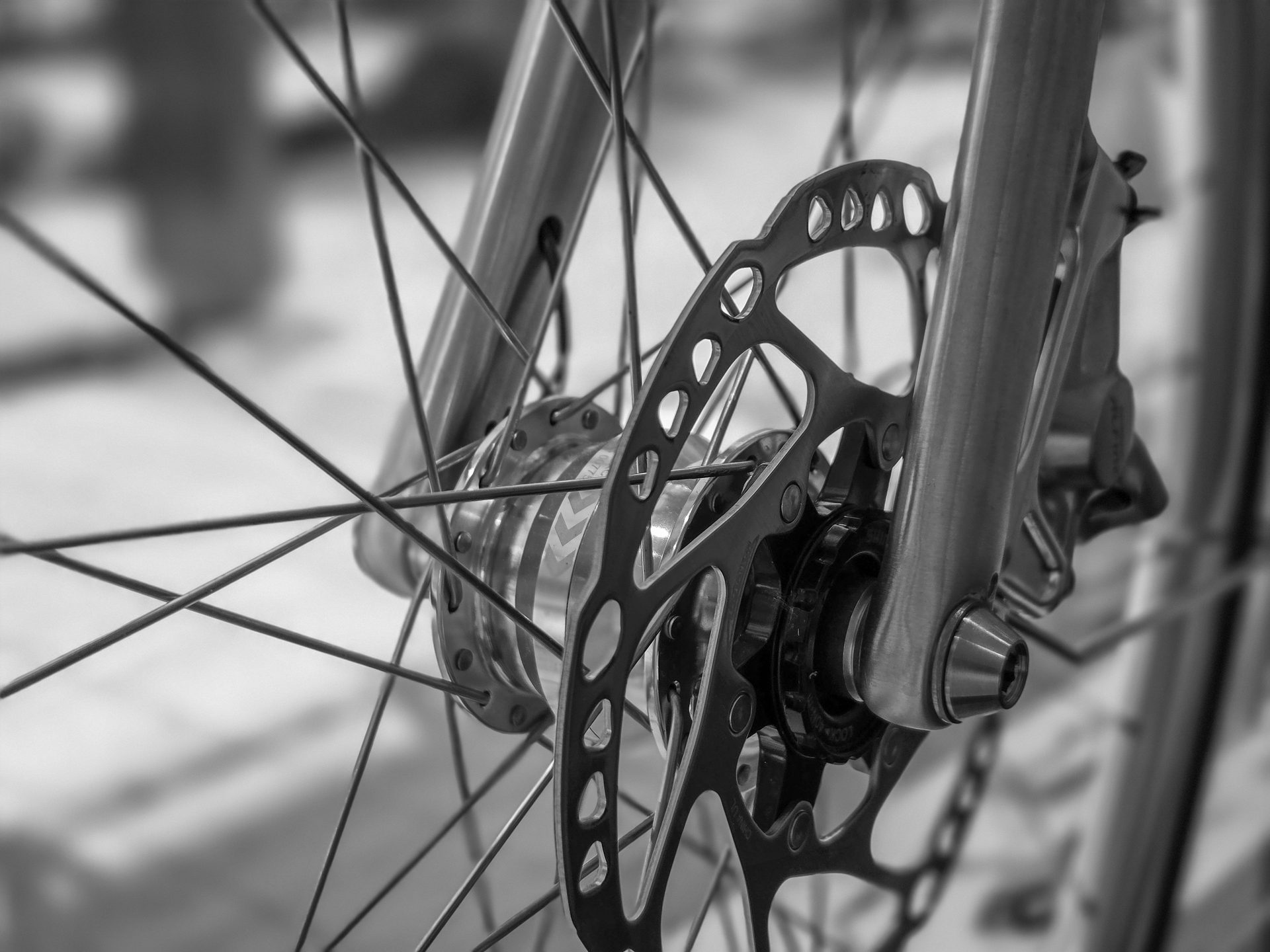 Close-up black and white shot of a bicycle's front wheel, highlighting the disc brake rotor, hub, and spokes.