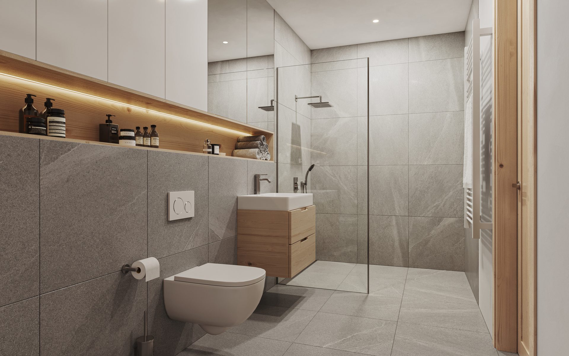 Modern bathroom with floating toilet, wooden vanity, glass shower, and illuminated shelf.