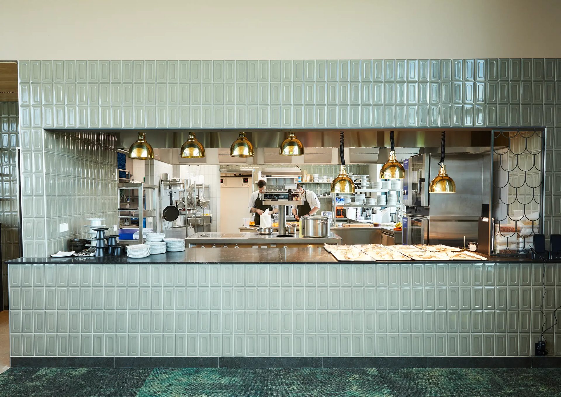 Interior design, Tile, Countertop, Ceiling, Kitchen, Restaurant