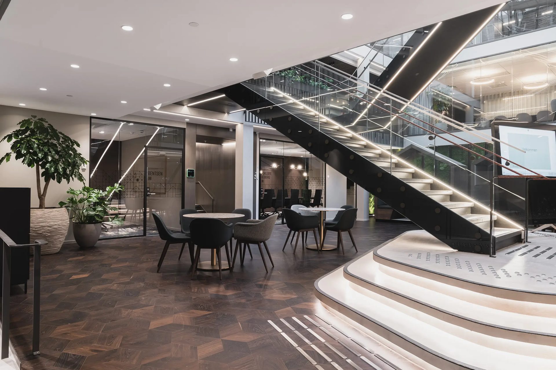 Interior design, Commercial building, Flooring, Ceiling, Floor, Lobby, Chair