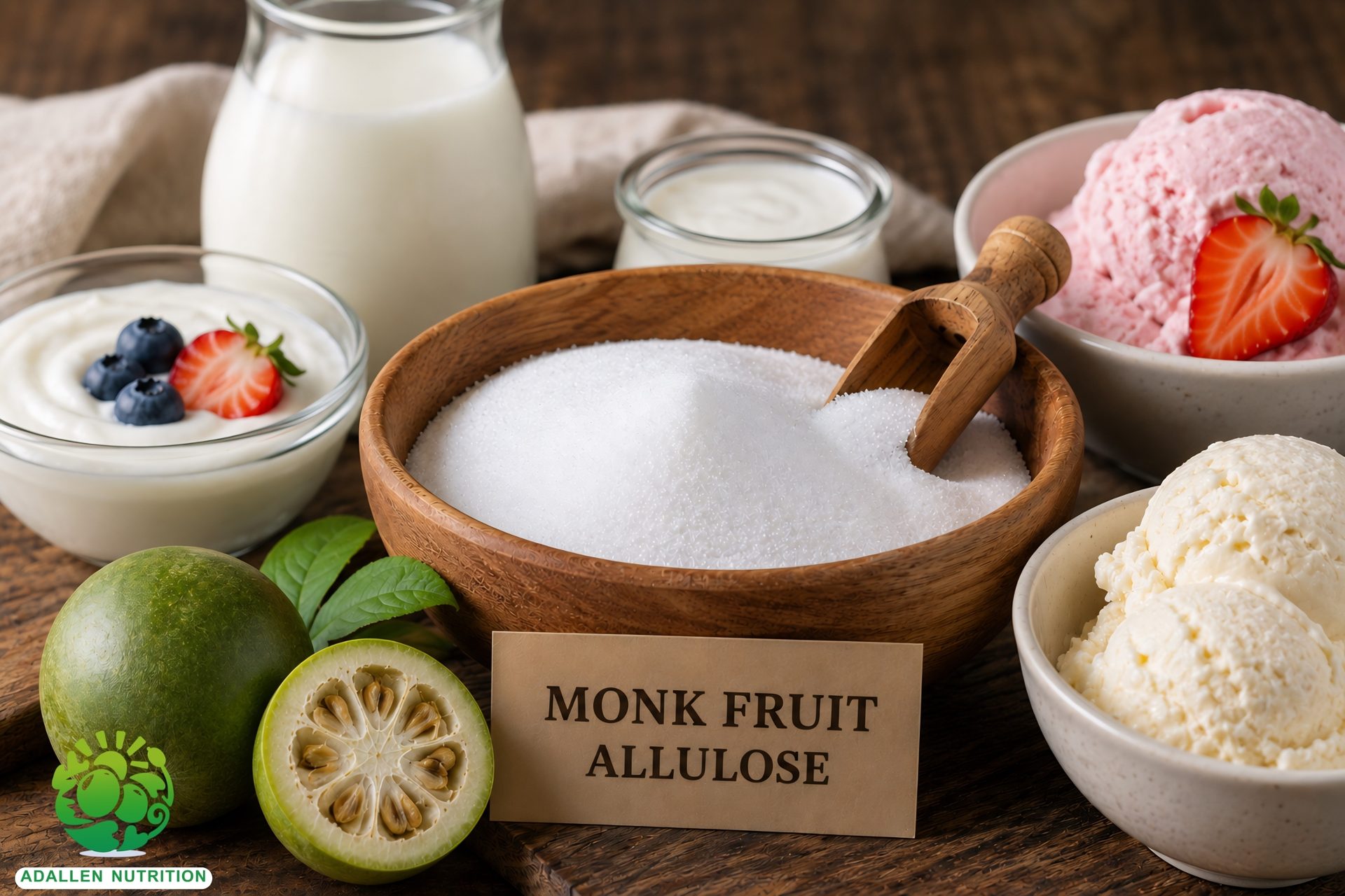 Bowl of monk fruit allulose with raw monk fruits, milk, yogurt, and ice cream.