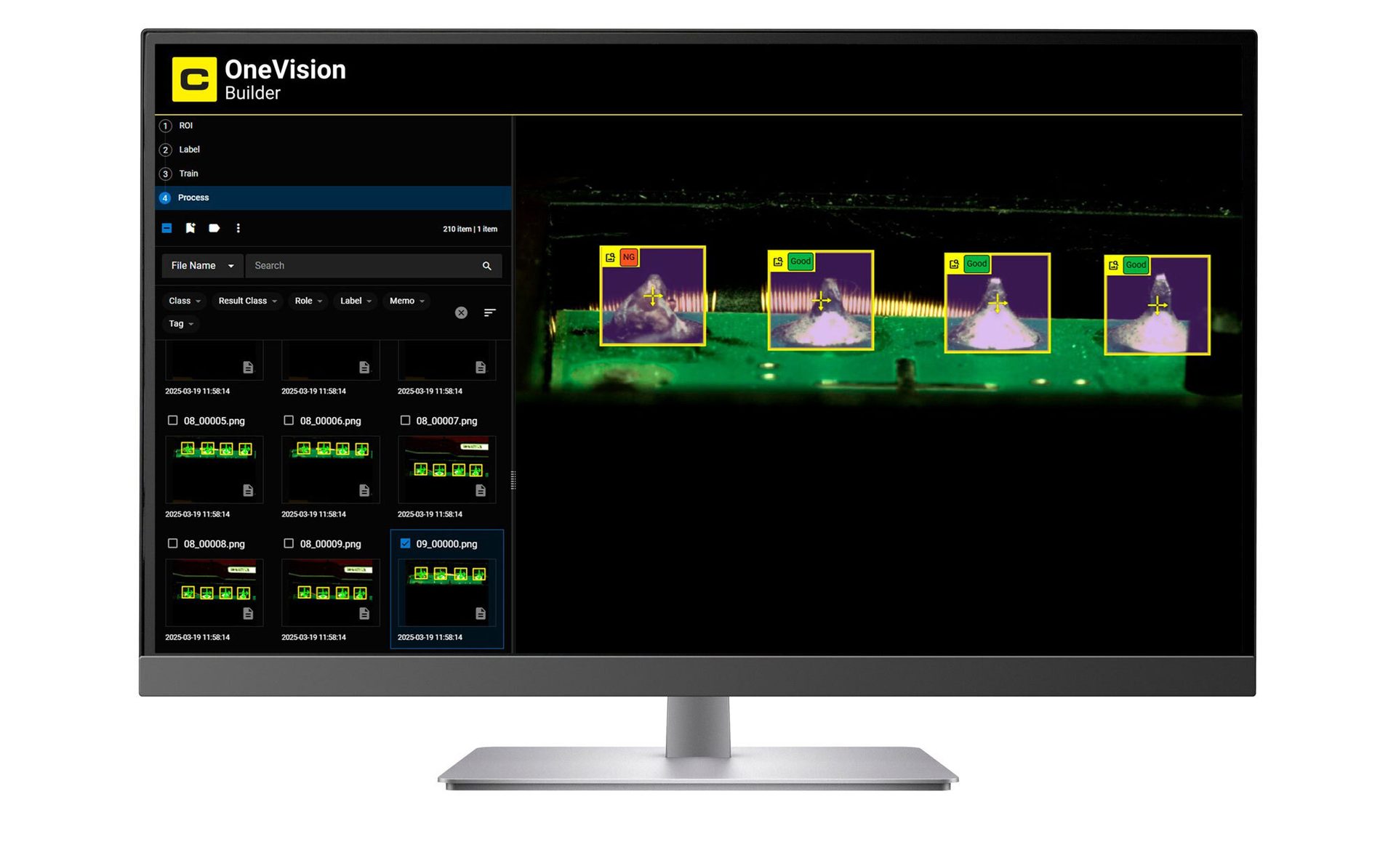 OneVision Builder software showing electronic component inspection with 'NG' and 'Good' labels.