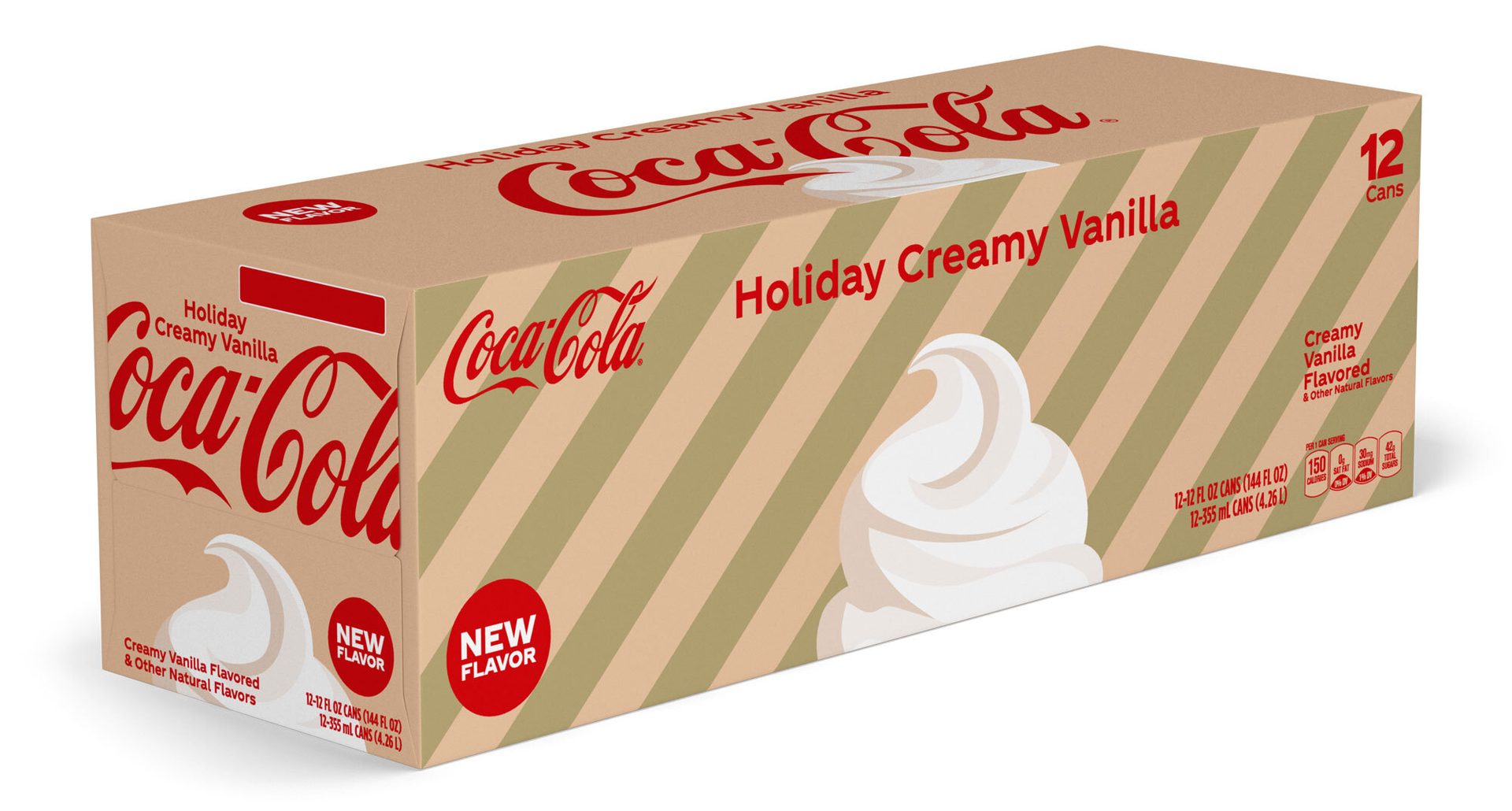 Coca-Cola Holiday Creamy Vanilla 12-pack carton, new flavor, tan with cream stripes.