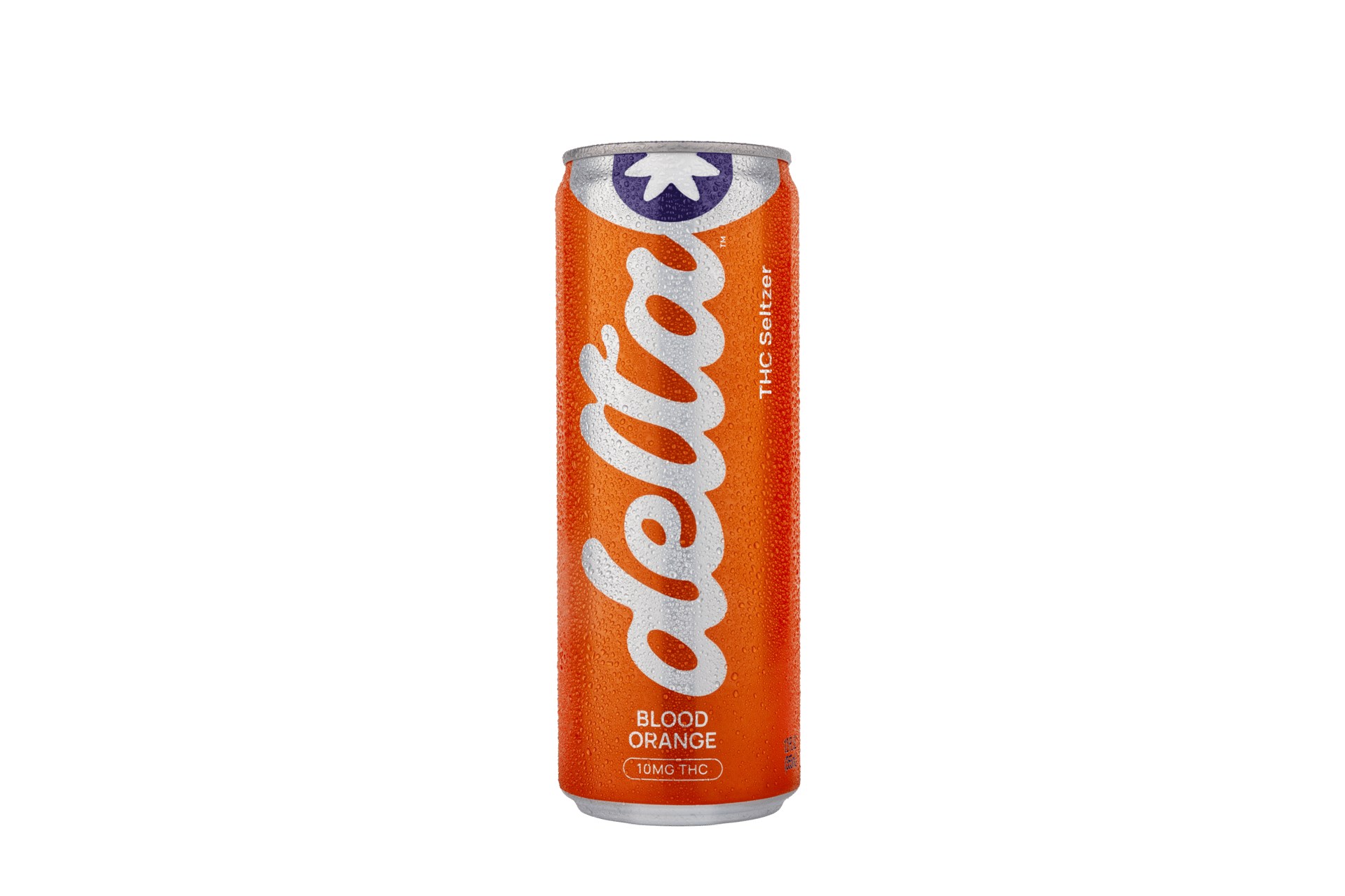 Orange Delta THC Seltzer can, Blood Orange flavor, with water droplets on a green background.