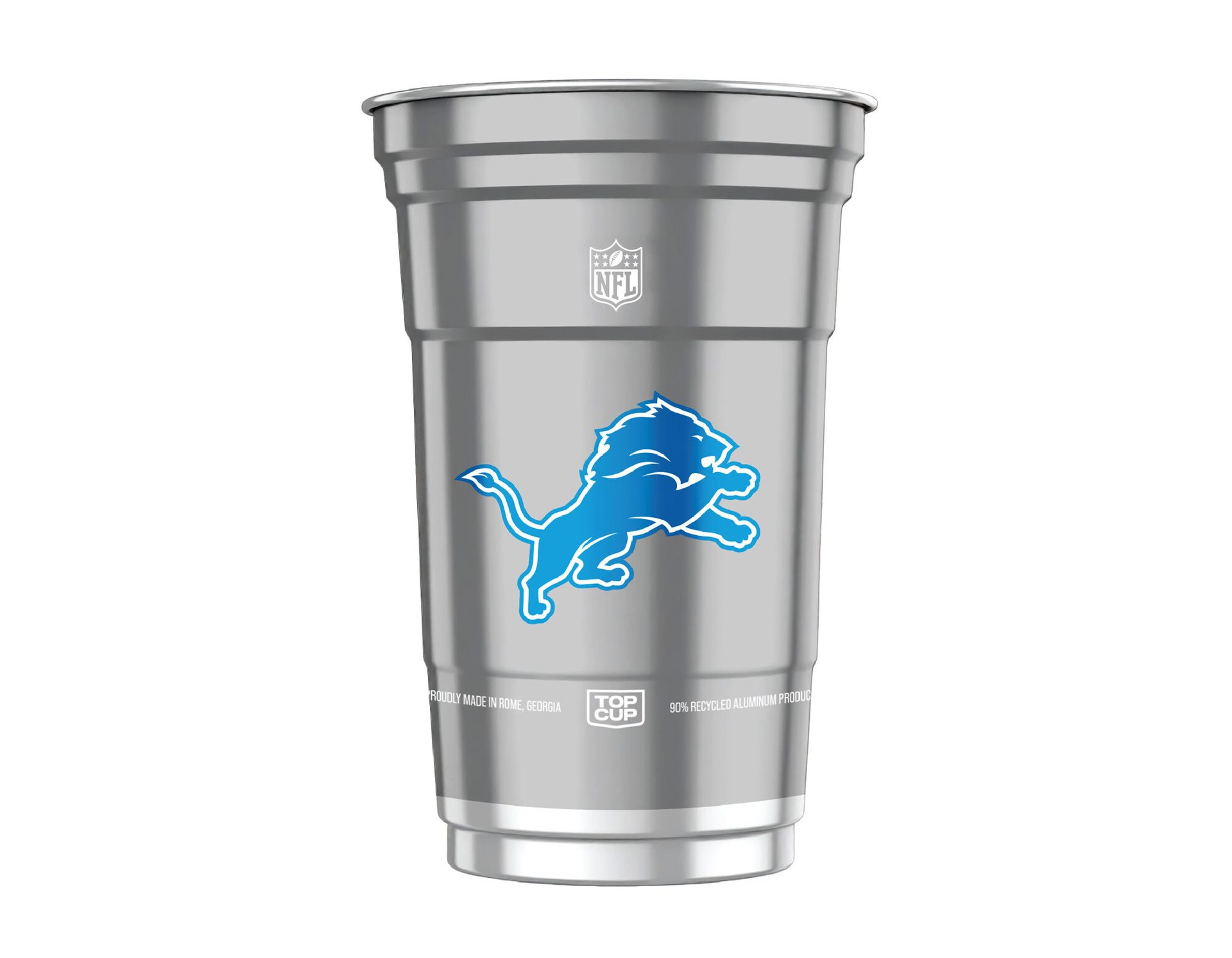 Silver aluminum cup with NFL and Detroit Lions logos, 90% recycled product.