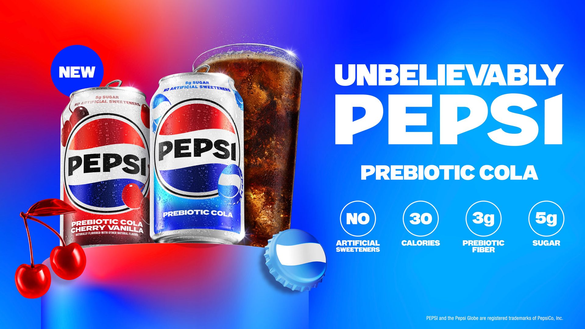 New Pepsi Prebiotic Cola cans and glass, highlighting low calories, prebiotic fiber, and no artificial sweeteners.