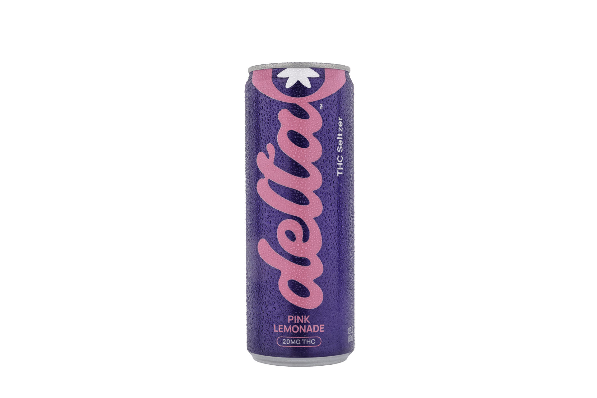 A purple "delta" THC seltzer can, pink lemonade flavor, with condensation, on a green background.