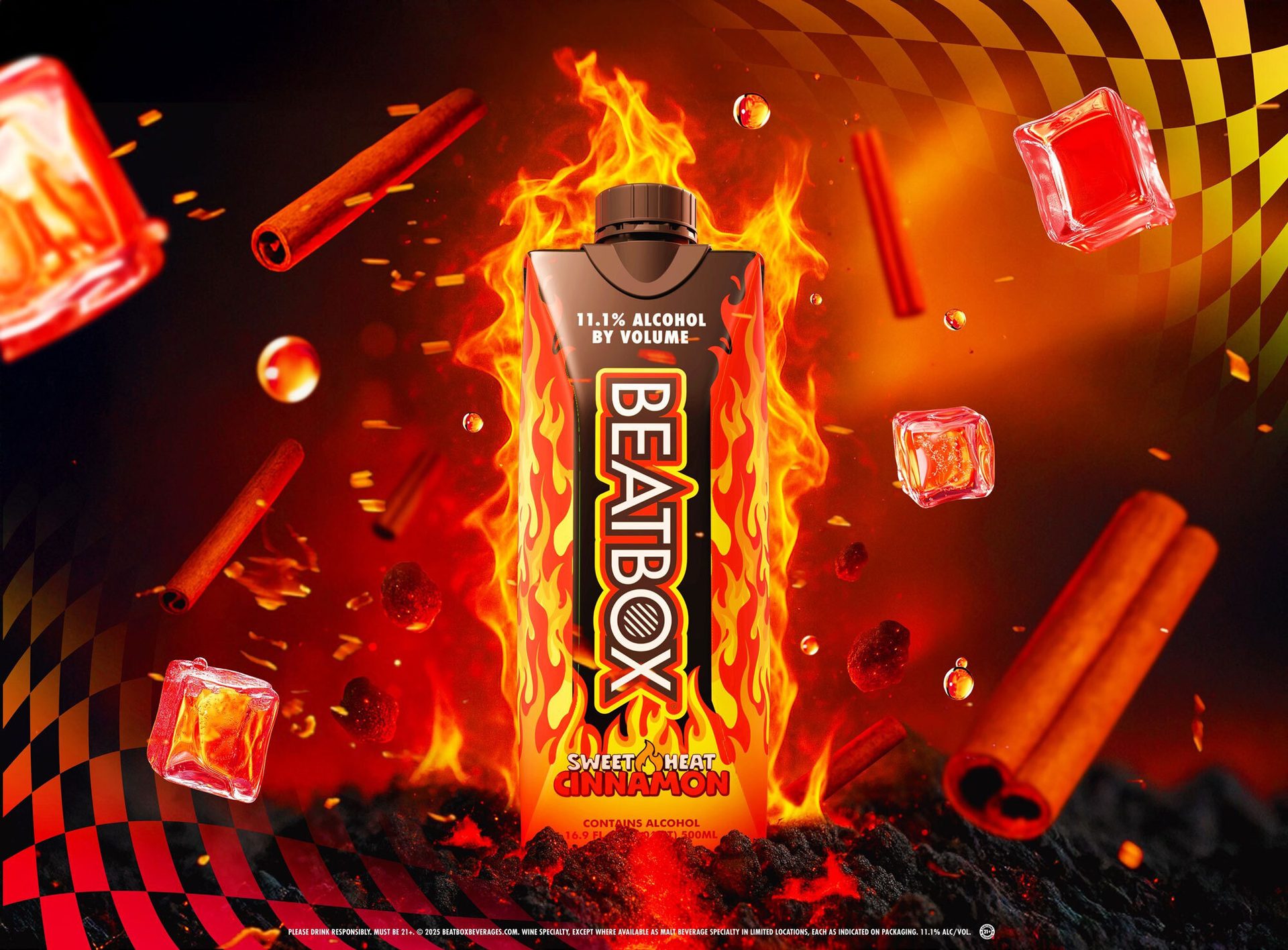 Fiery BeatBox Sweet & Heat Cinnamon drink carton with cinnamon sticks and glowing ice cubes.