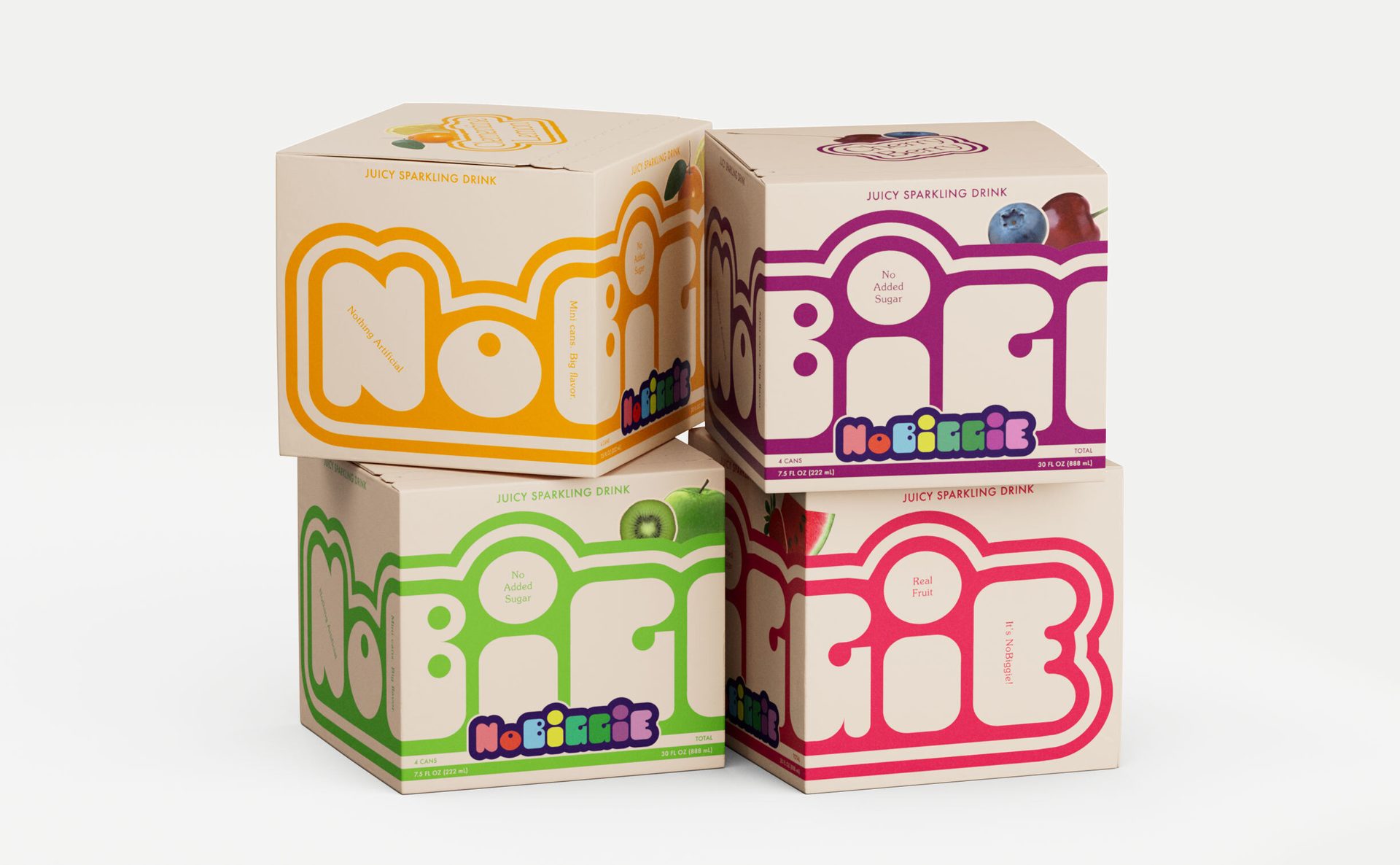 Four colorful boxes of 'NoBiggie' sparkling drink stacked on a white background, each with a retro-style logo.