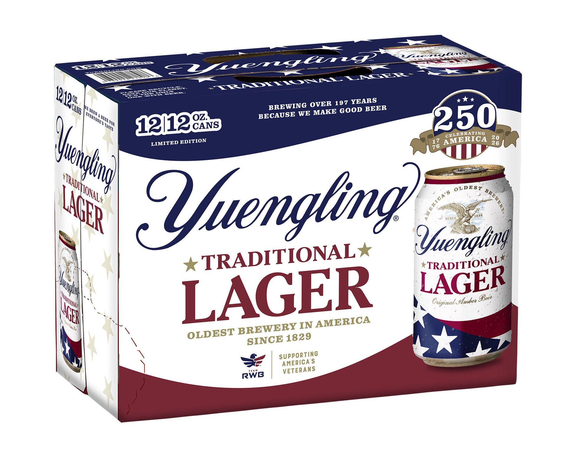 A 12-pack of Yuengling Traditional Lager, America's Oldest Brewery, featuring patriotic design.
