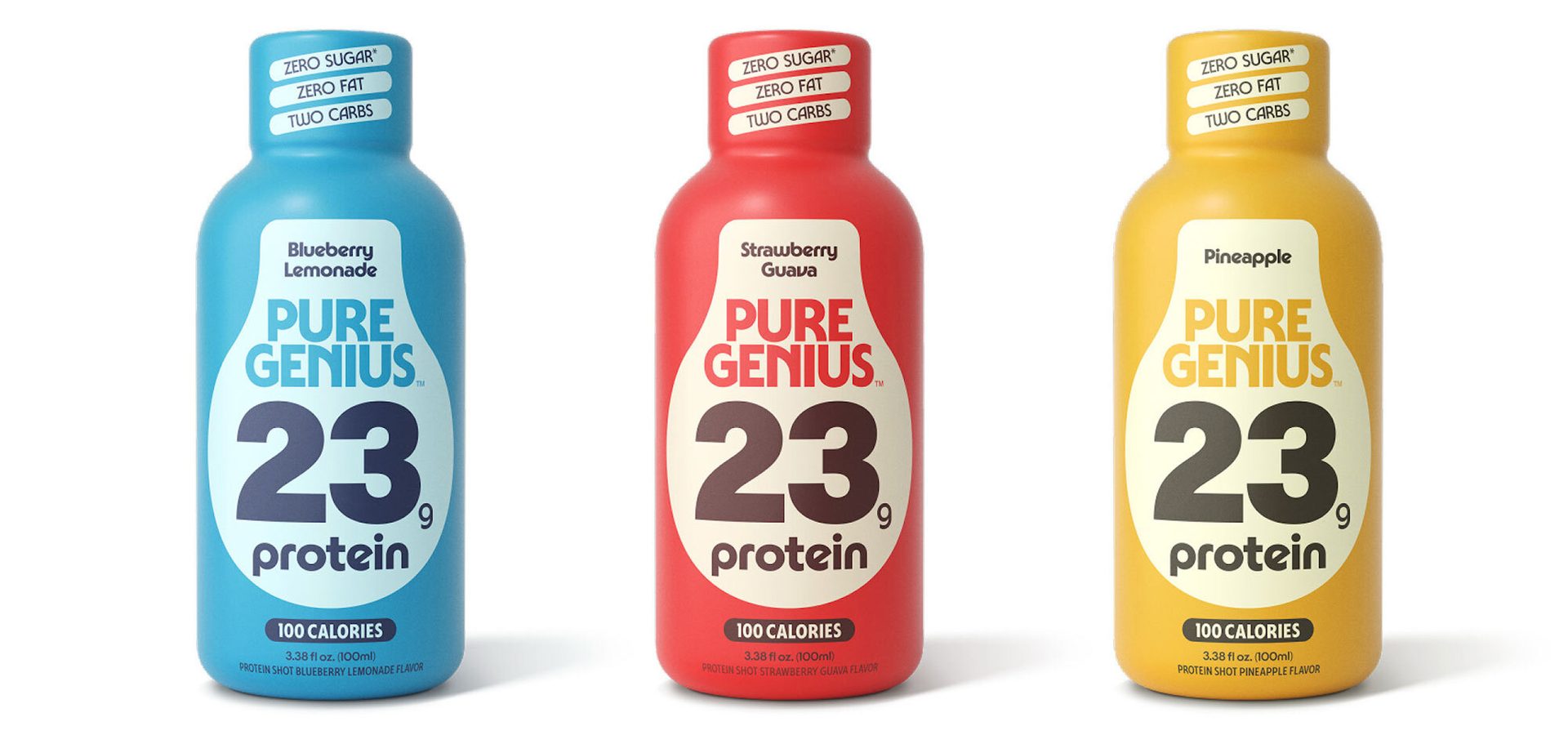 Pure Genius protein shots: Blueberry Lemonade, Strawberry Guava, Pineapple. 23g protein.