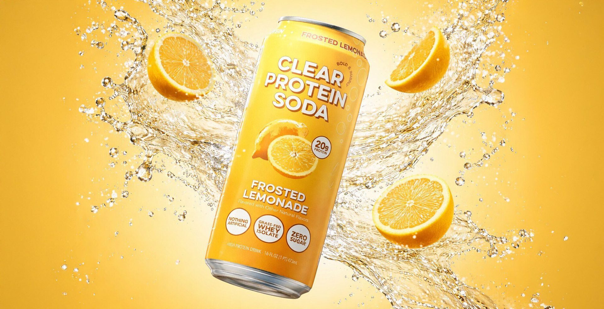 Yellow Clear Protein Soda can, Frosted Lemonade flavor, with water splashes and lemon halves on yellow.