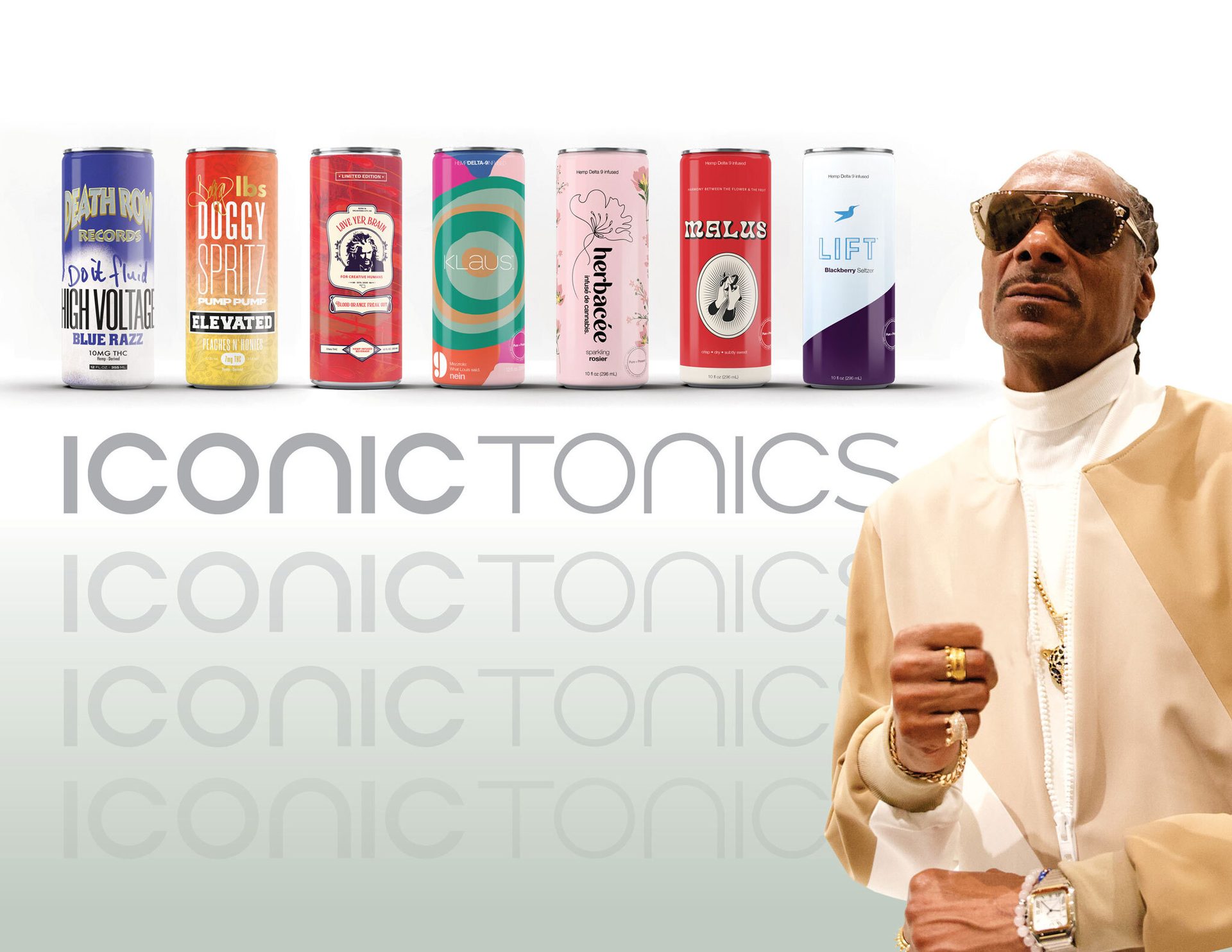 Snoop Dogg with seven "Iconic Tonics" cannabis drink cans.