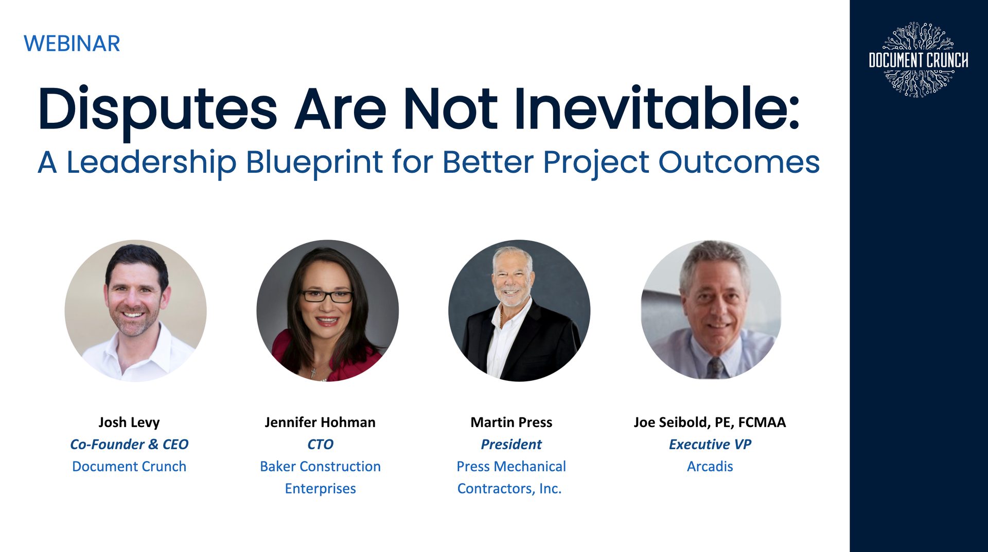 Webinar slide: "Disputes Are Not Inevitable" with four speakers and their affiliations.