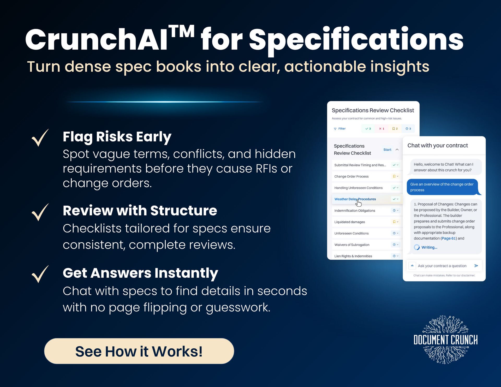 CrunchAI for Specifications: AI-powered spec review with checklists, risk flagging, and chat.