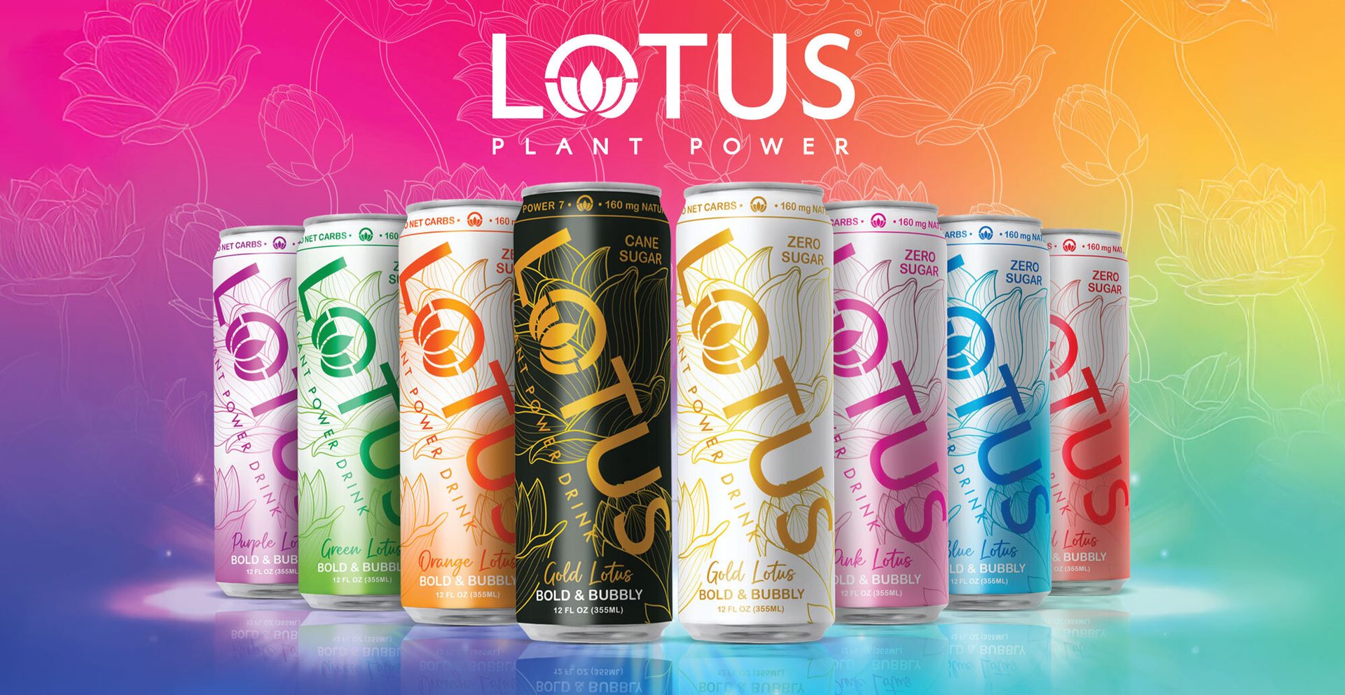 A lineup of colorful Lotus Plant Power drink cans in various flavors, on a gradient background.