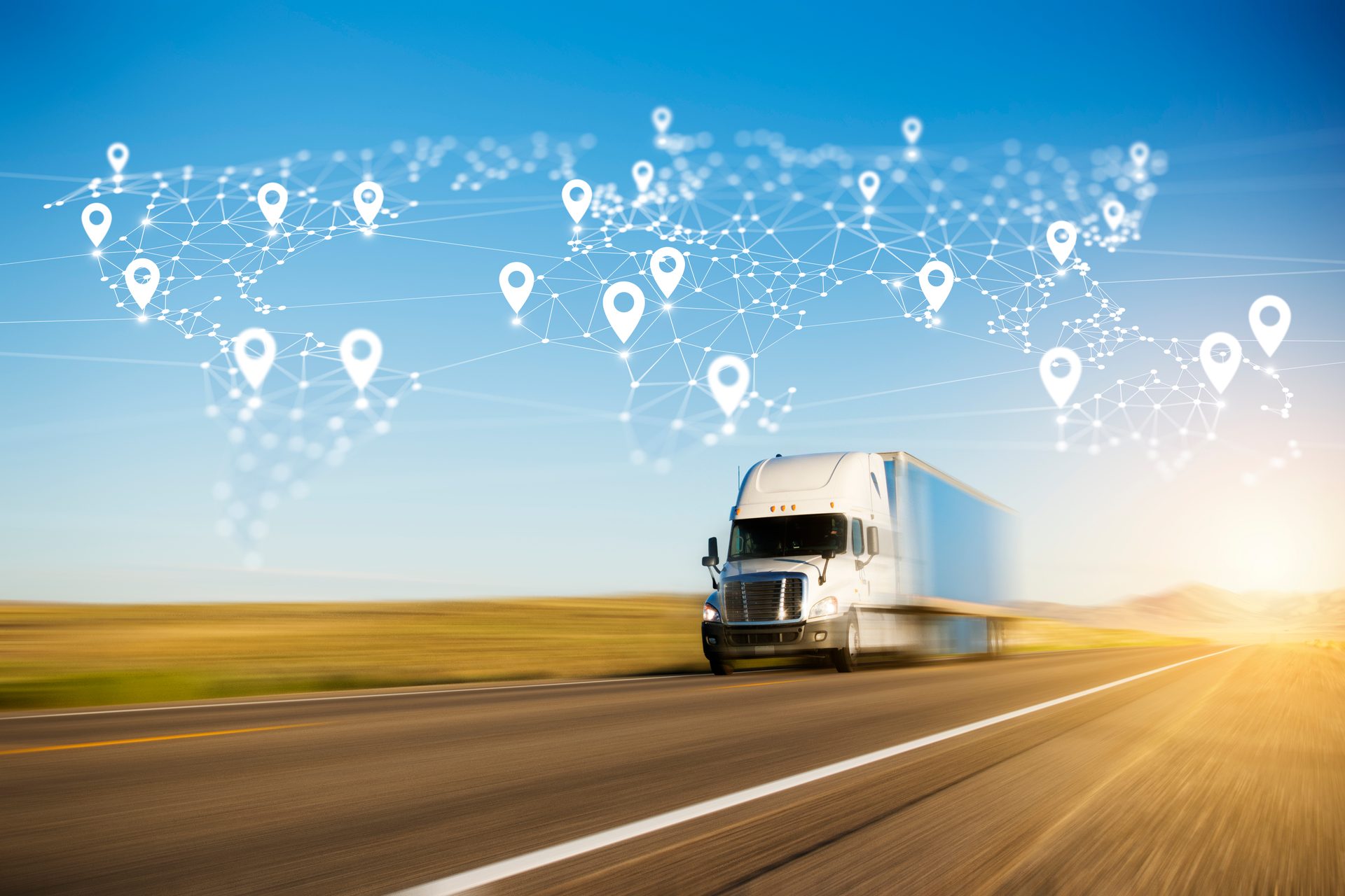 A semi-truck on a highway, with a digital world map overlay indicating global logistics points.