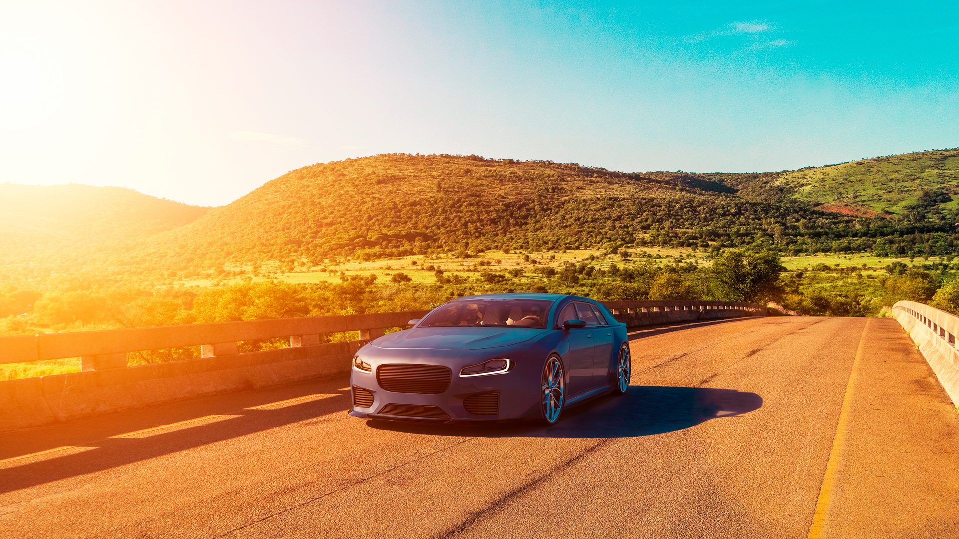 Blue car on a scenic road with mountains and golden hour sun.