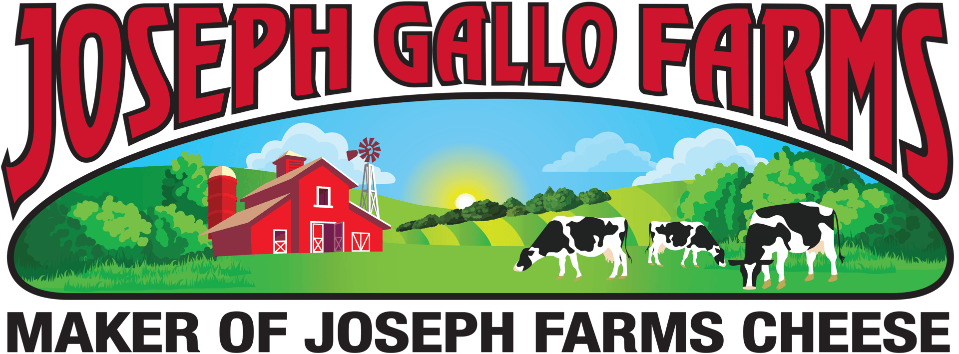 Joseph Gallo Farms logo featuring a red barn, windmill, cows, and green fields. Also states 'Maker of Joseph Farms Cheese'.