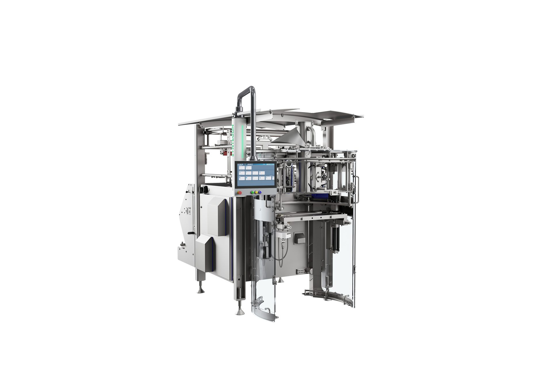 A modern, stainless steel packaging machine with a digital display, on a white background.