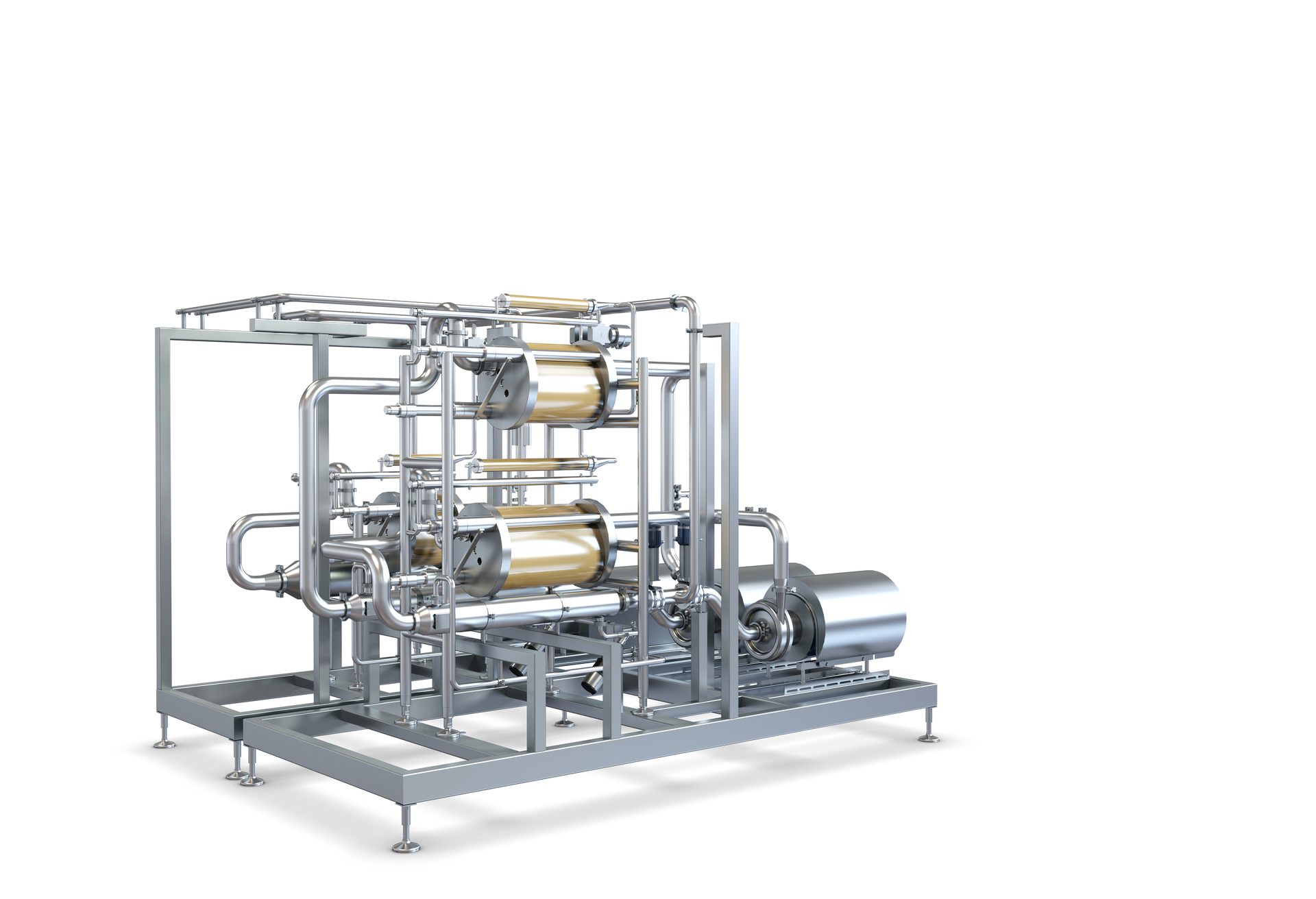 Industrial stainless steel processing equipment with pipes and cylindrical filters on a white background.