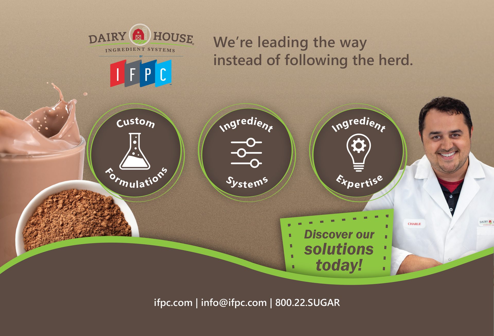 Dairy House IFPC ad: ingredient solutions (formulations, systems, expertise), chocolate imagery, and a smiling professional.