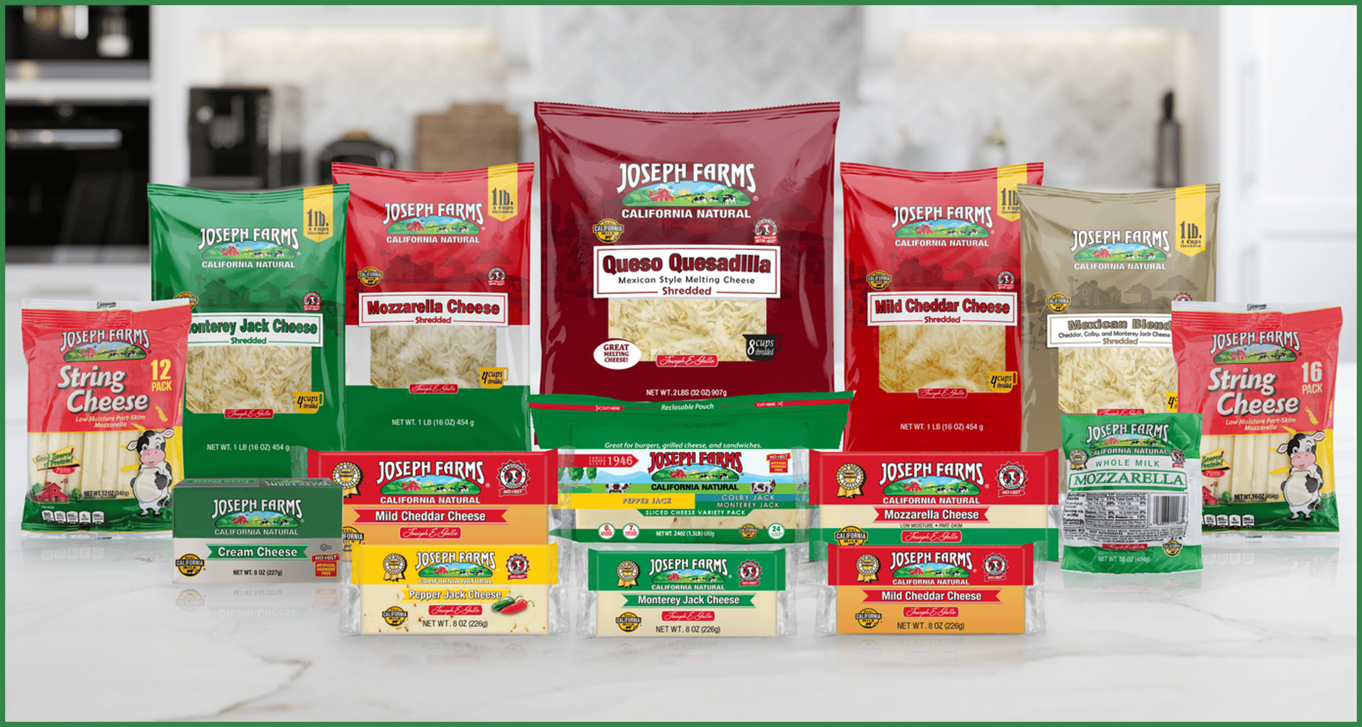 A wide variety of Joseph Farms California Natural cheese products including shredded, block, and string cheese.