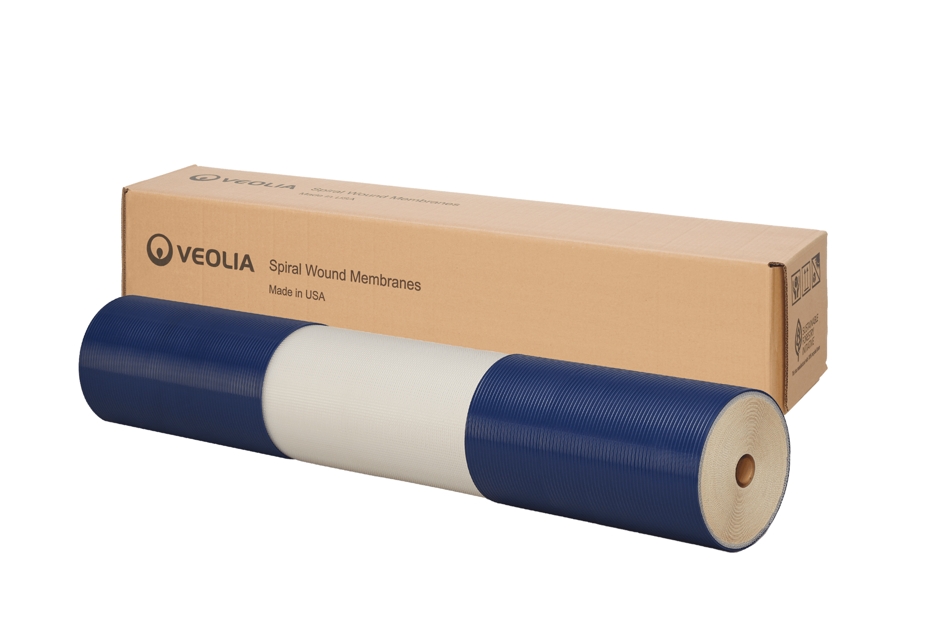 Veolia blue and white spiral wound membrane roll with a cardboard box.