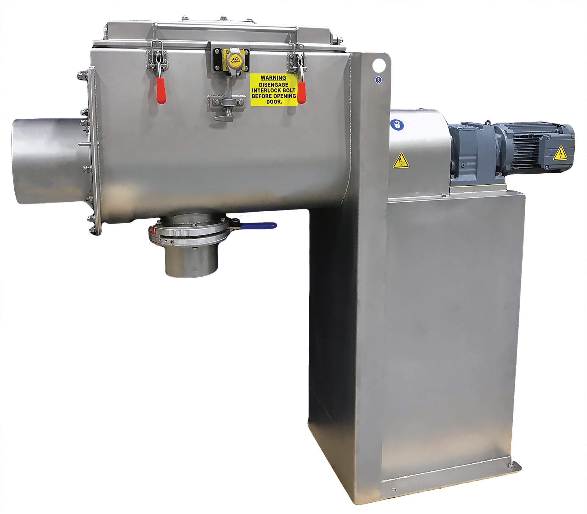 Stainless steel industrial mixer with motor, horizontal chamber, and safety warnings.