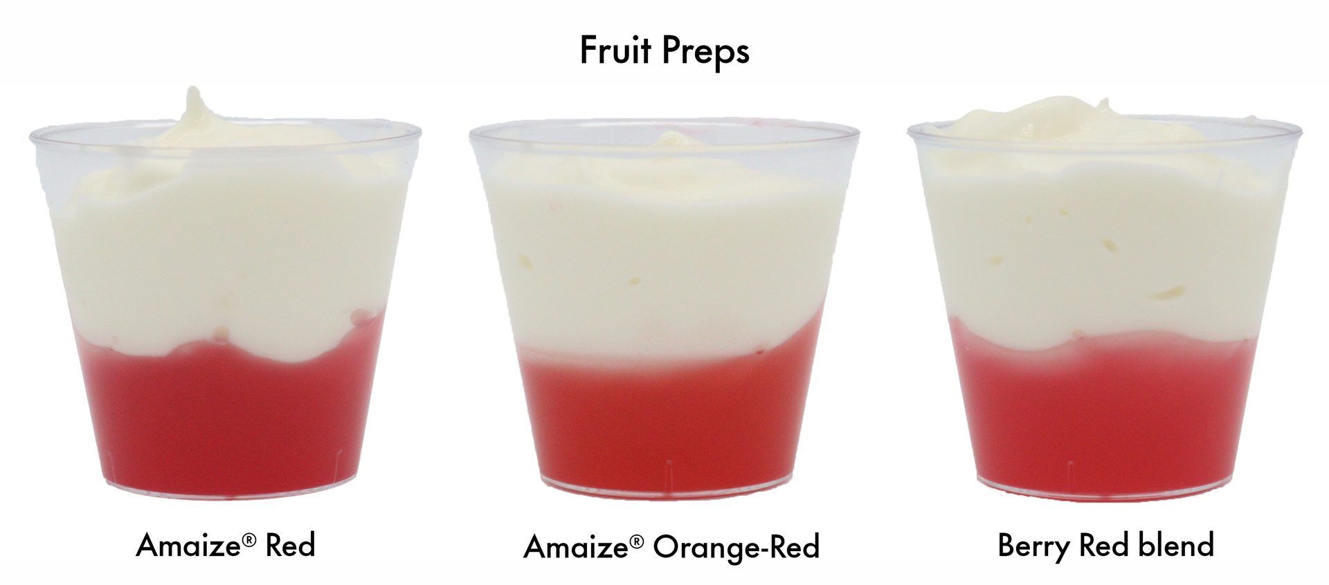 Three cups of fruit preps showcasing various red blends (Amaize Red, Orange-Red, Berry Red blend).