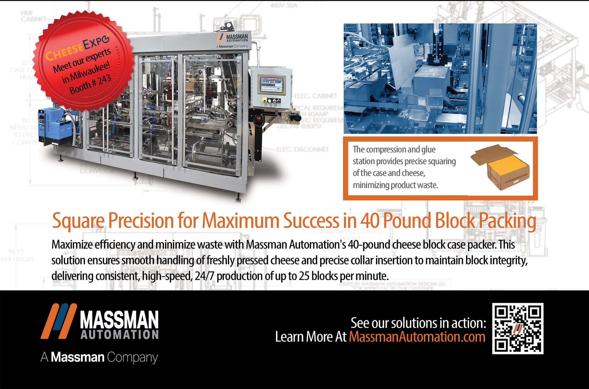 Massman Automation's 40-pound cheese block case packer, ensuring precise squaring and waste minimization.