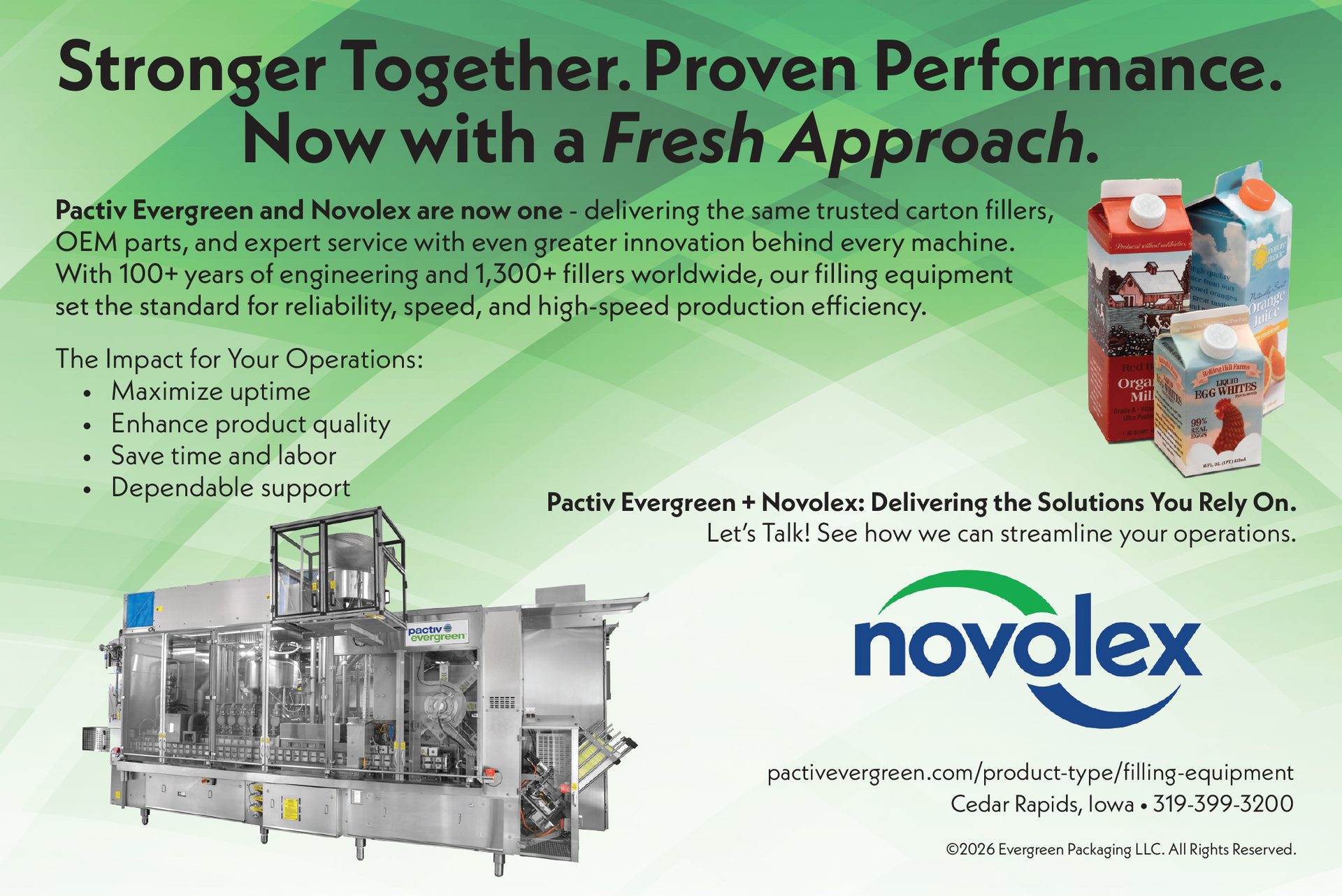 Industrial filling machine, product cartons, and Novolex logo with text about Pactiv Evergreen & Novolex.