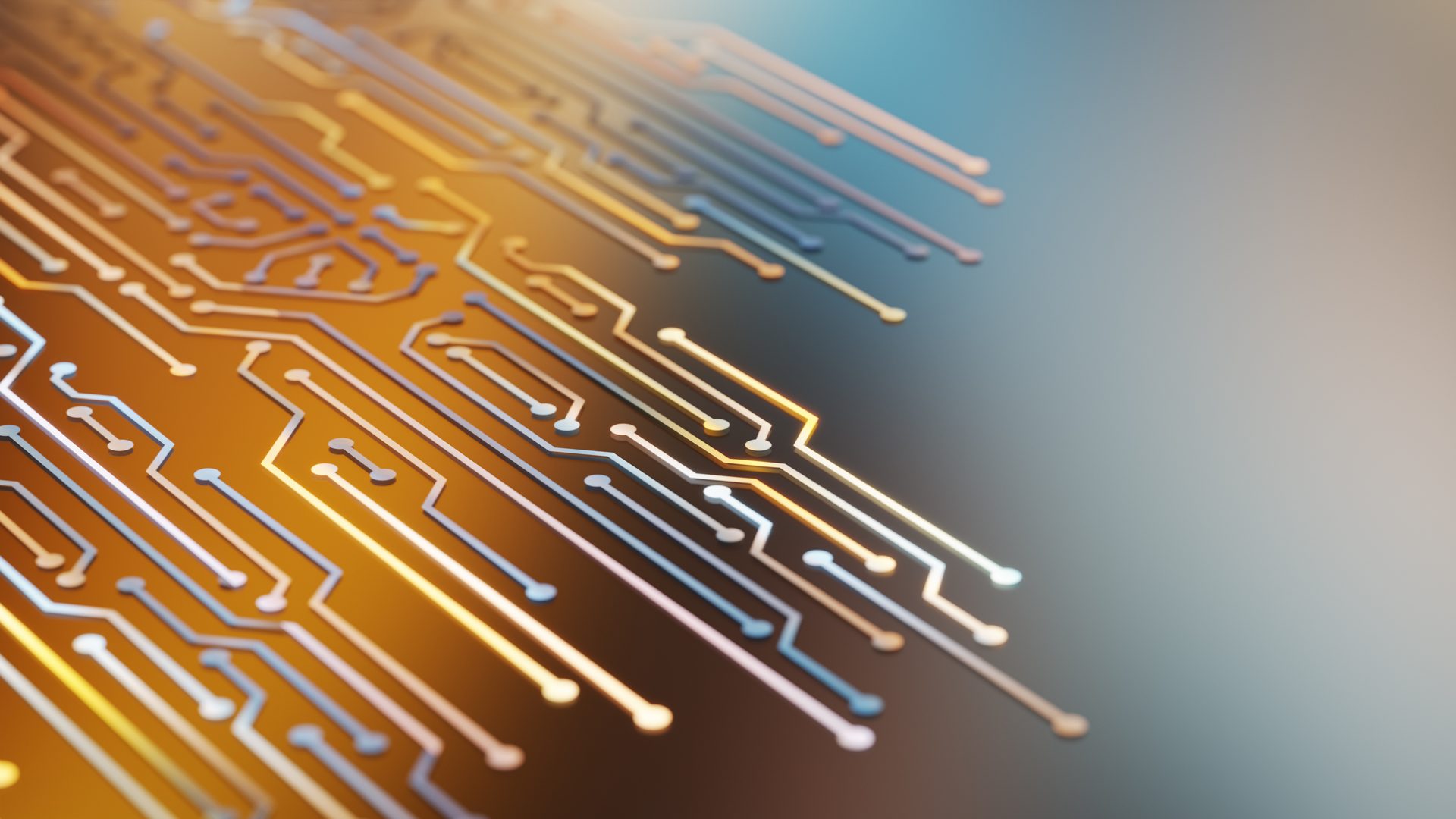Stylized, glowing circuit board pattern with depth of field on a gradient background.