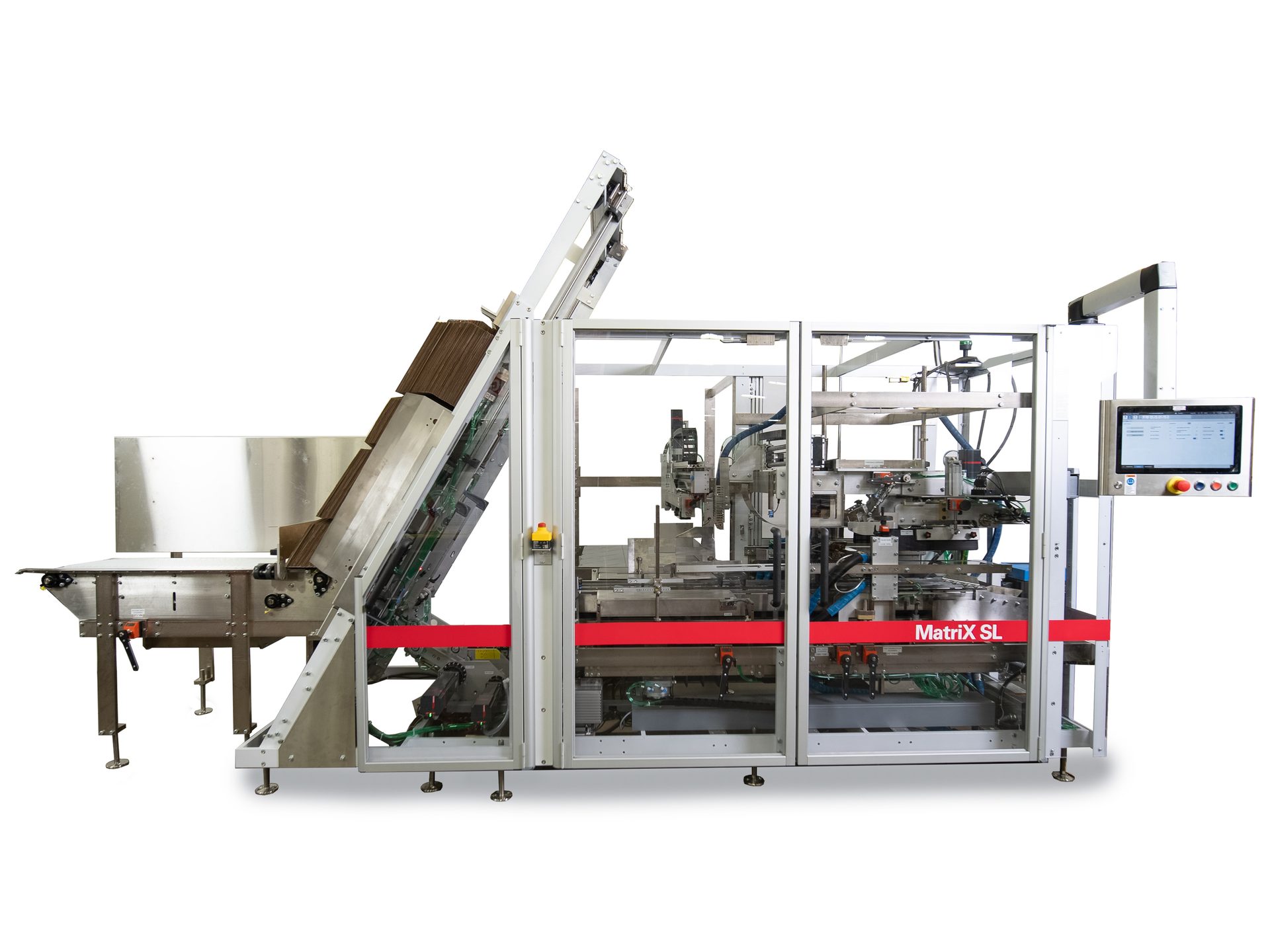Automated industrial packaging machine, Matrix SL, with an inclined feeder and a touchscreen control panel.