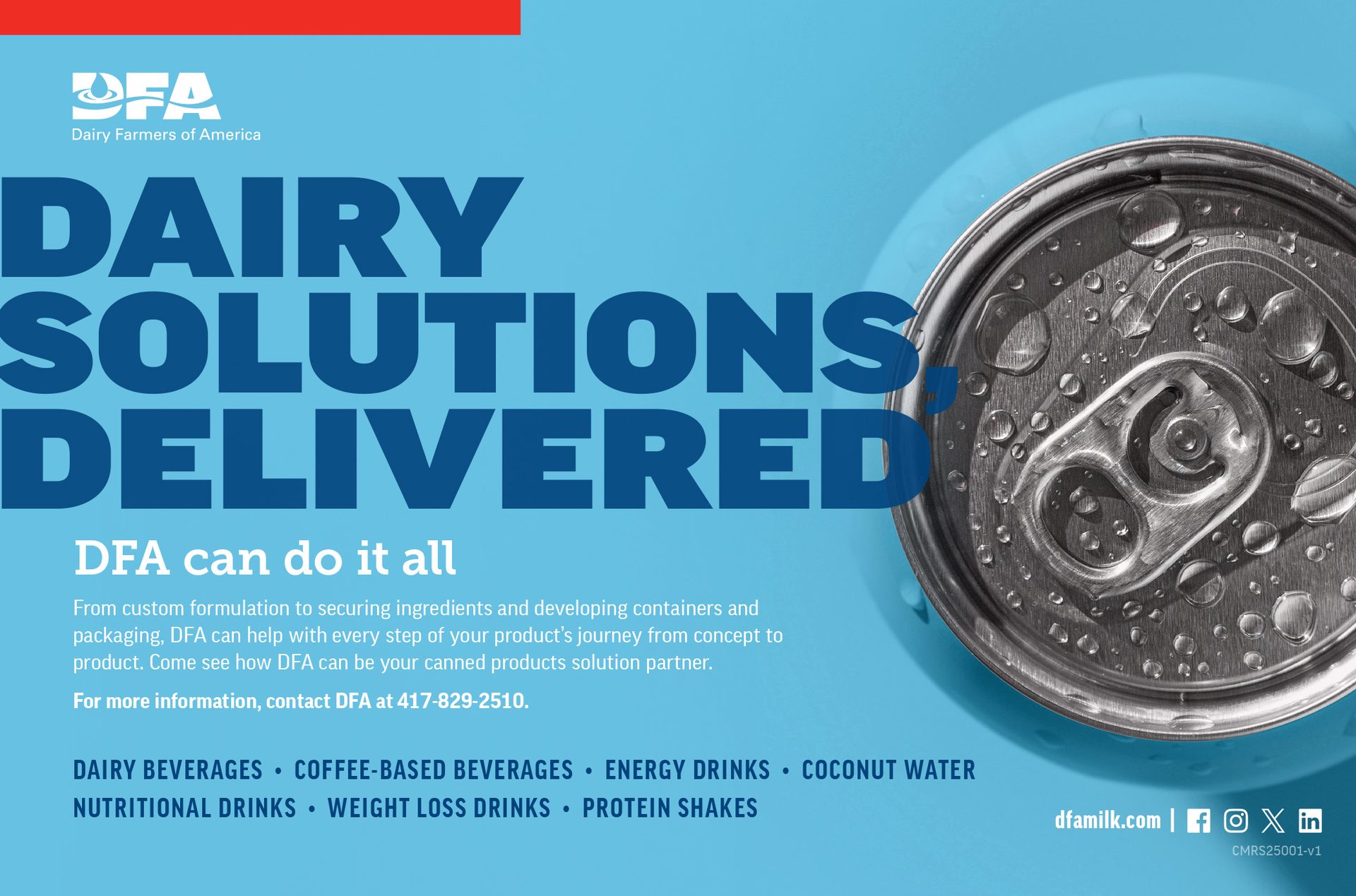 Ad for DFA featuring a condensation-covered beverage can on blue, with "Dairy Solutions Delivered" text.