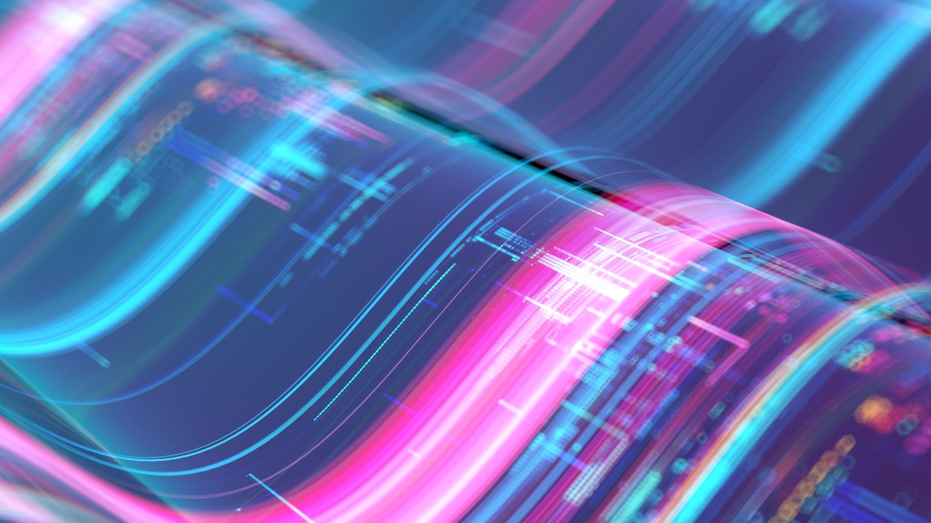 Glowing pink and blue abstract digital waves with data patterns.