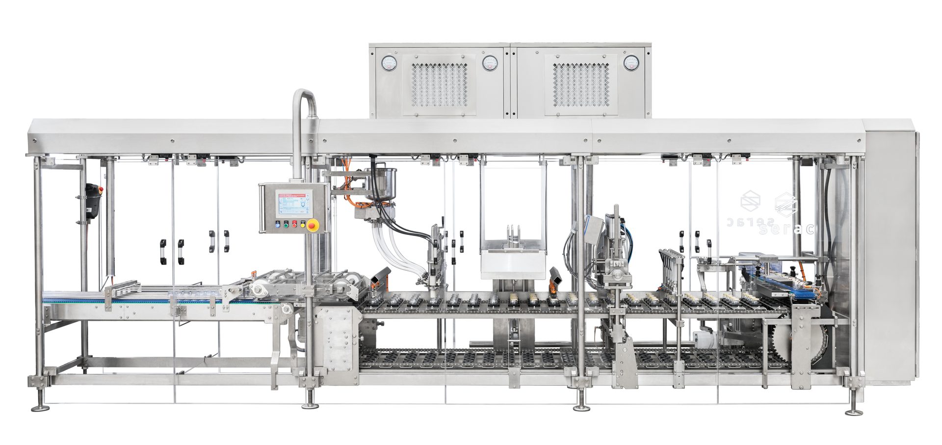 Automated industrial machine for filling and packaging products, featuring a conveyor, control panel, and nozzles.