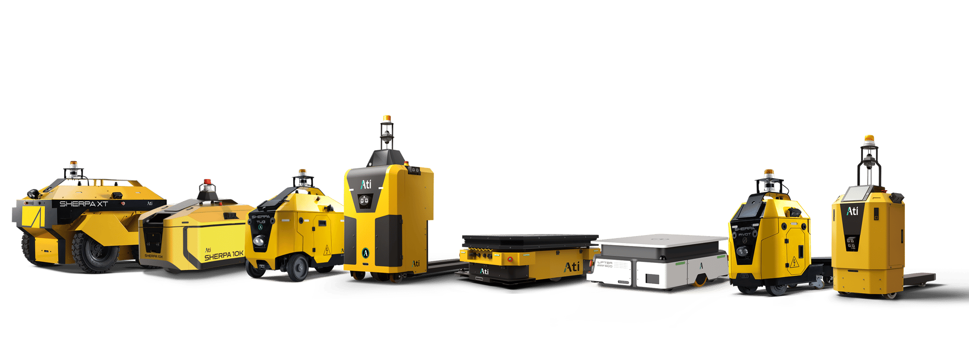 A line-up of yellow and white Ati SHERPA autonomous mobile robots (AMRs) of various types.