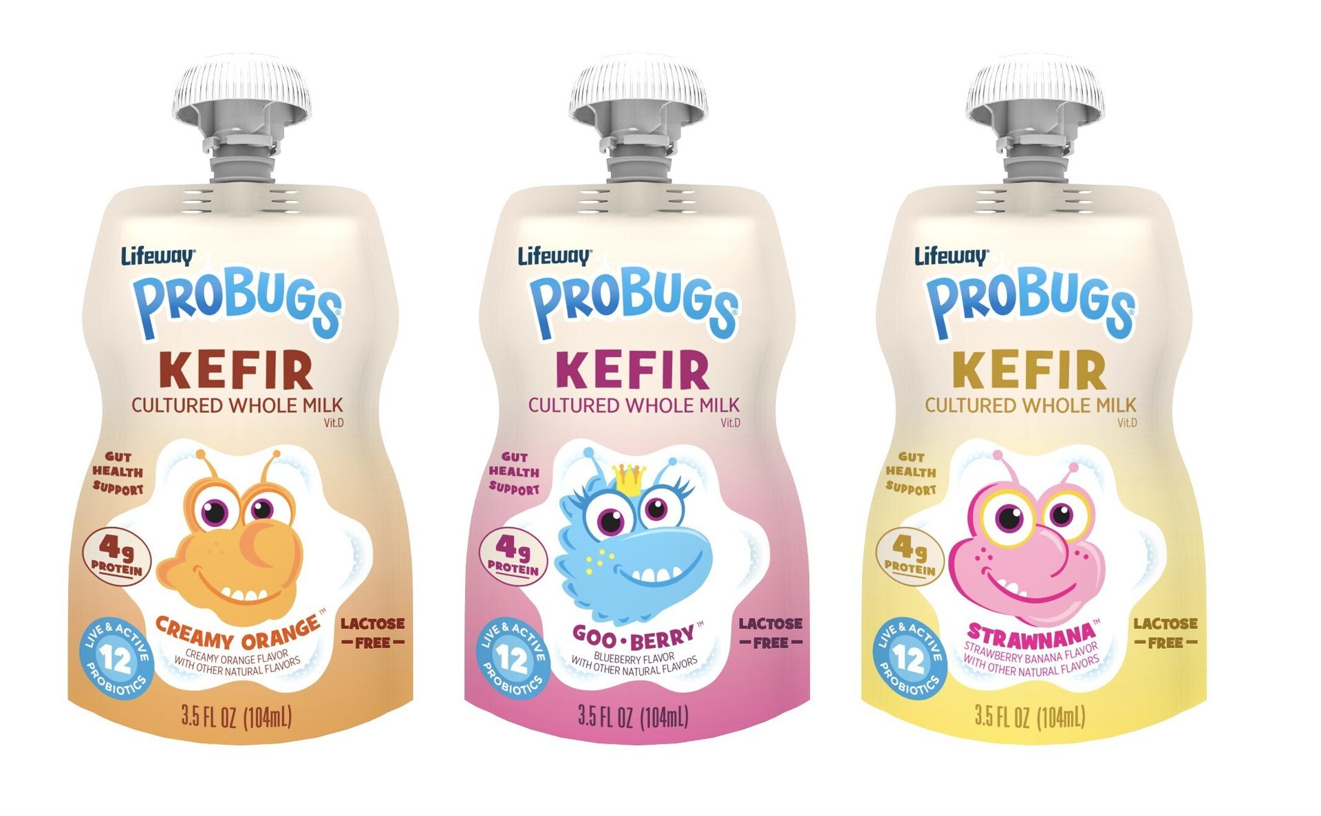 Three Lifeway ProBugs Kefir pouches: Creamy Orange, Goo-Berry, and StrawNana, with probiotics.