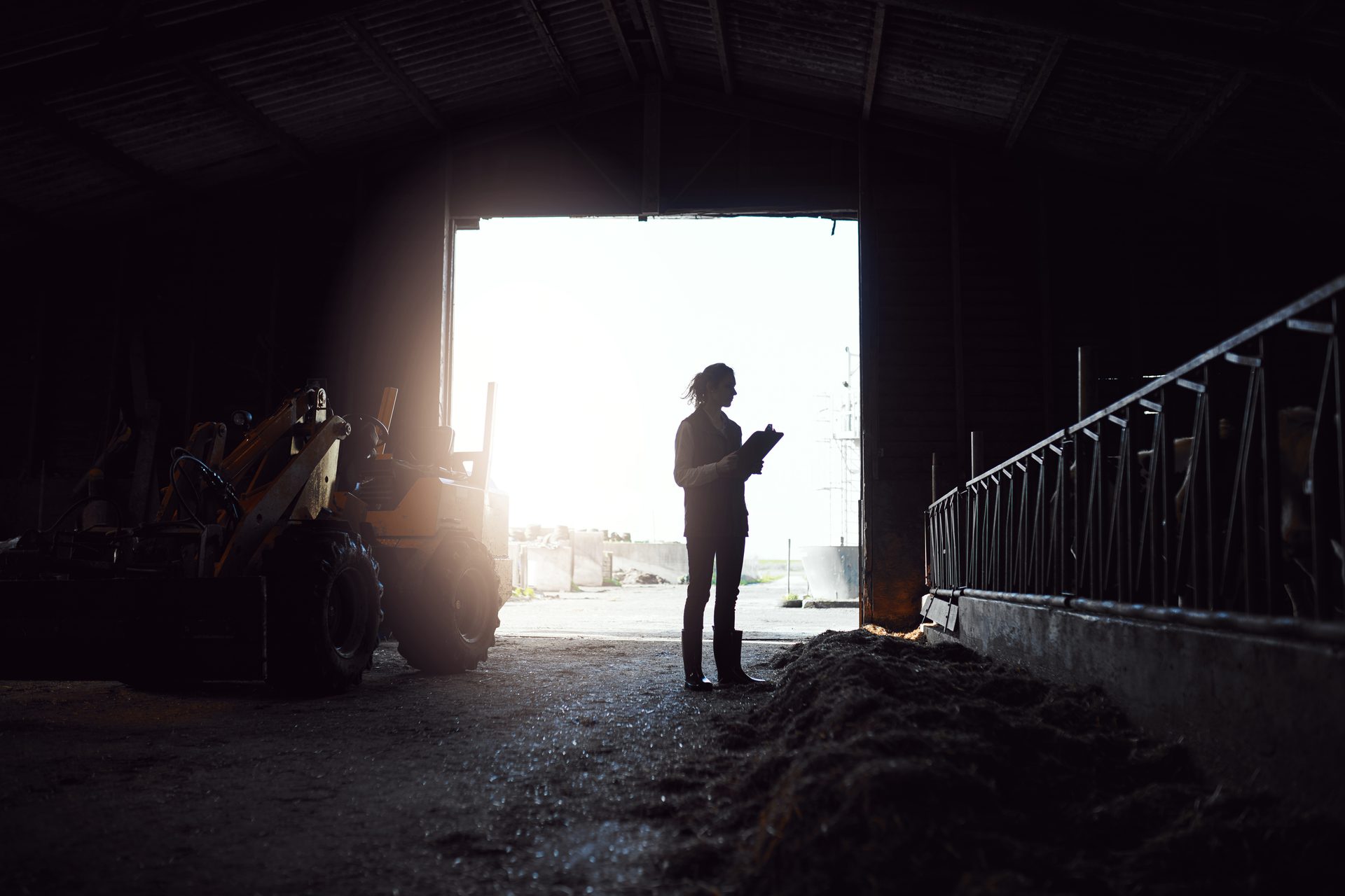 Silhouette of a woman with a clipboard in a barn doorway, farm machinery on left, animal stalls on right.